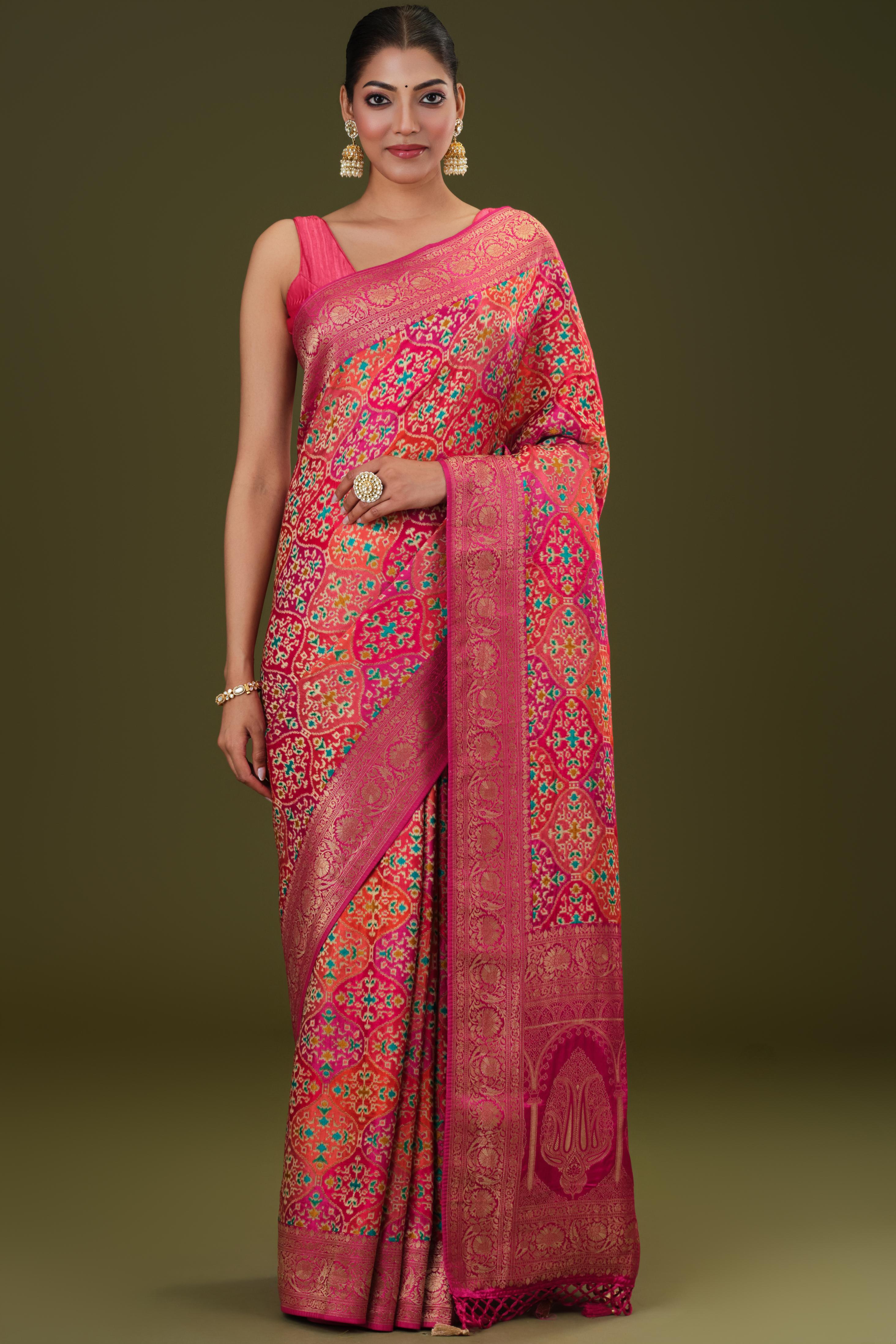 Bright Pink Woven Pure Satin Silk Saree