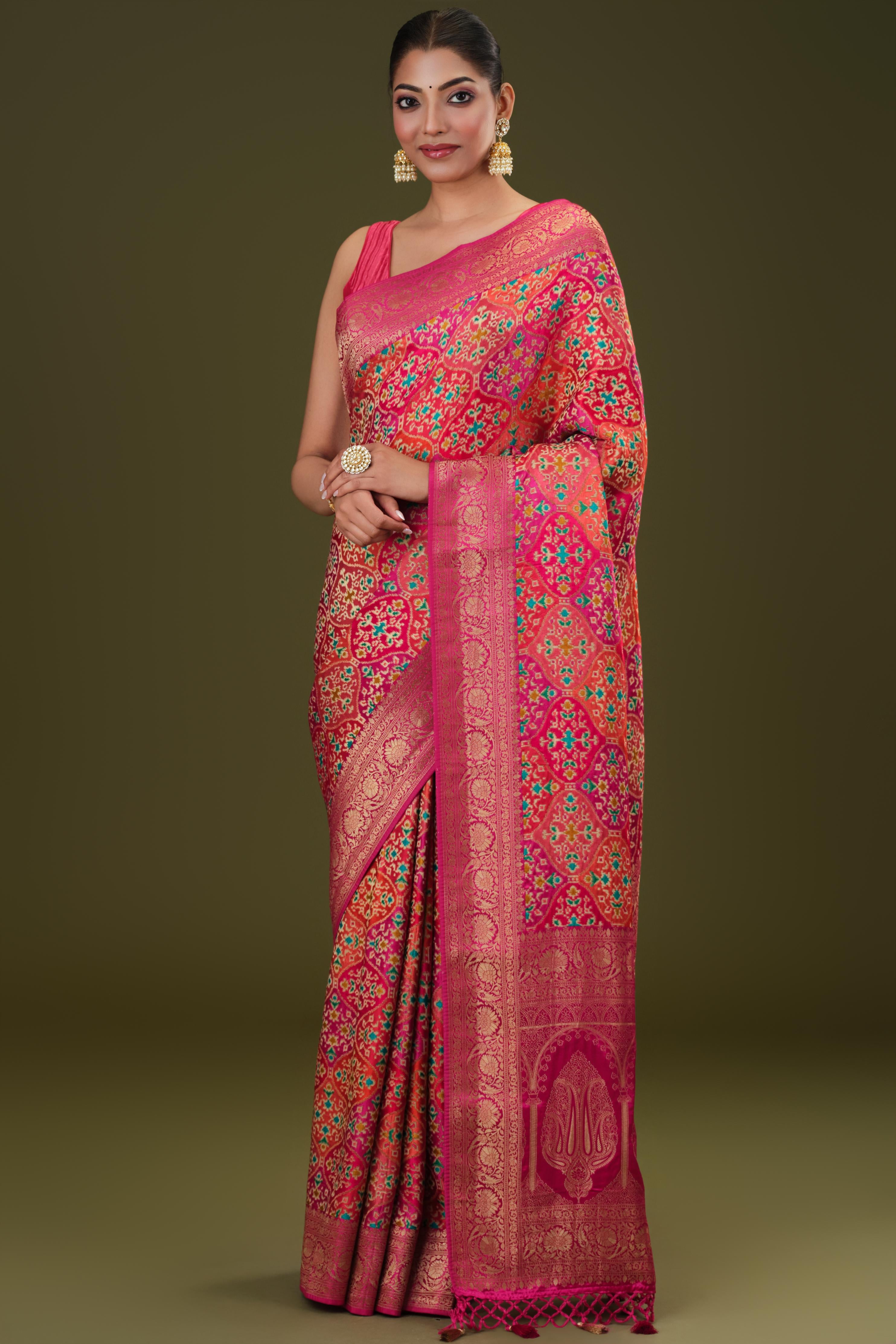 Bright Pink Woven Pure Satin Silk Saree