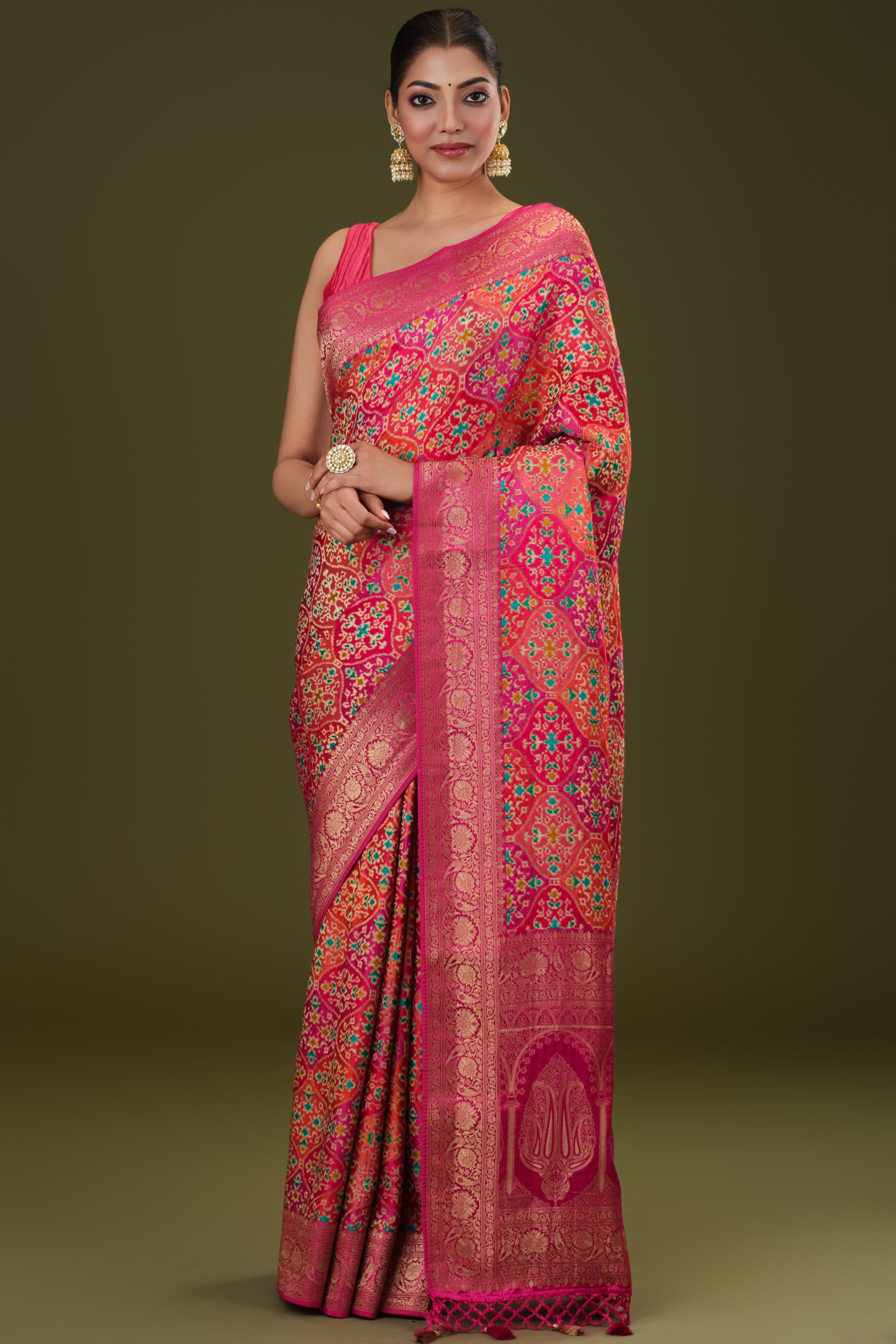 Bright Pink Woven Pure Satin Silk Saree