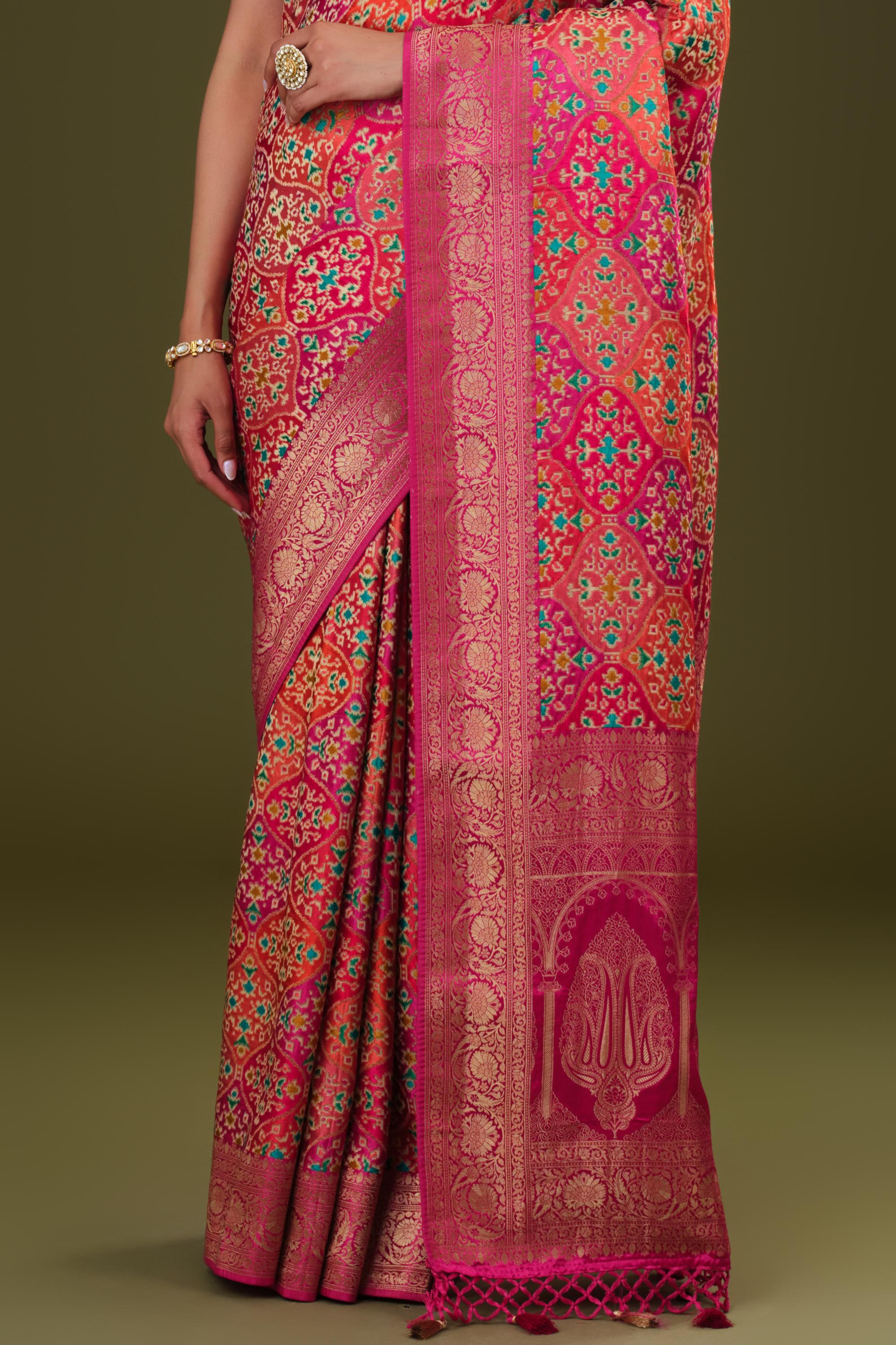 Bright Pink Woven Pure Satin Silk Saree