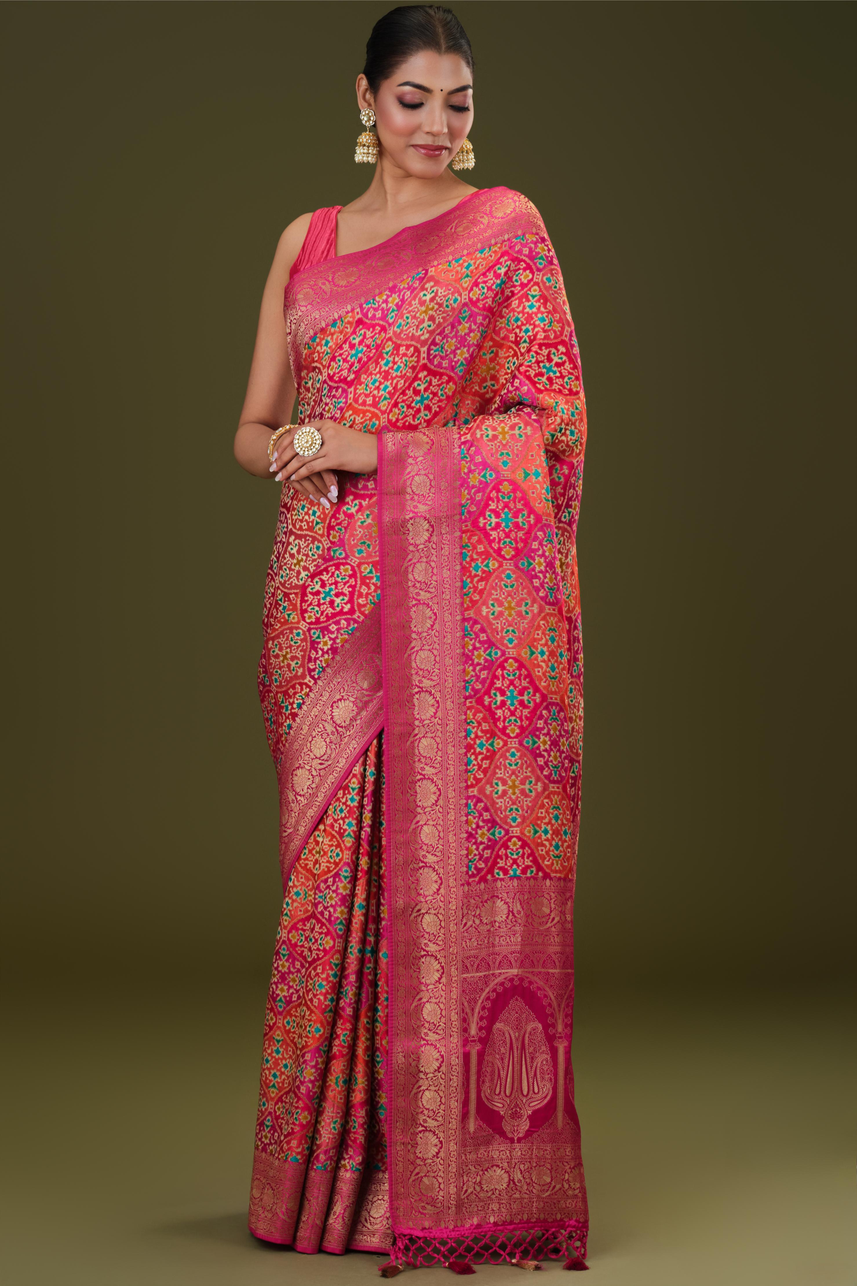 Bright Pink Woven Pure Satin Silk Saree