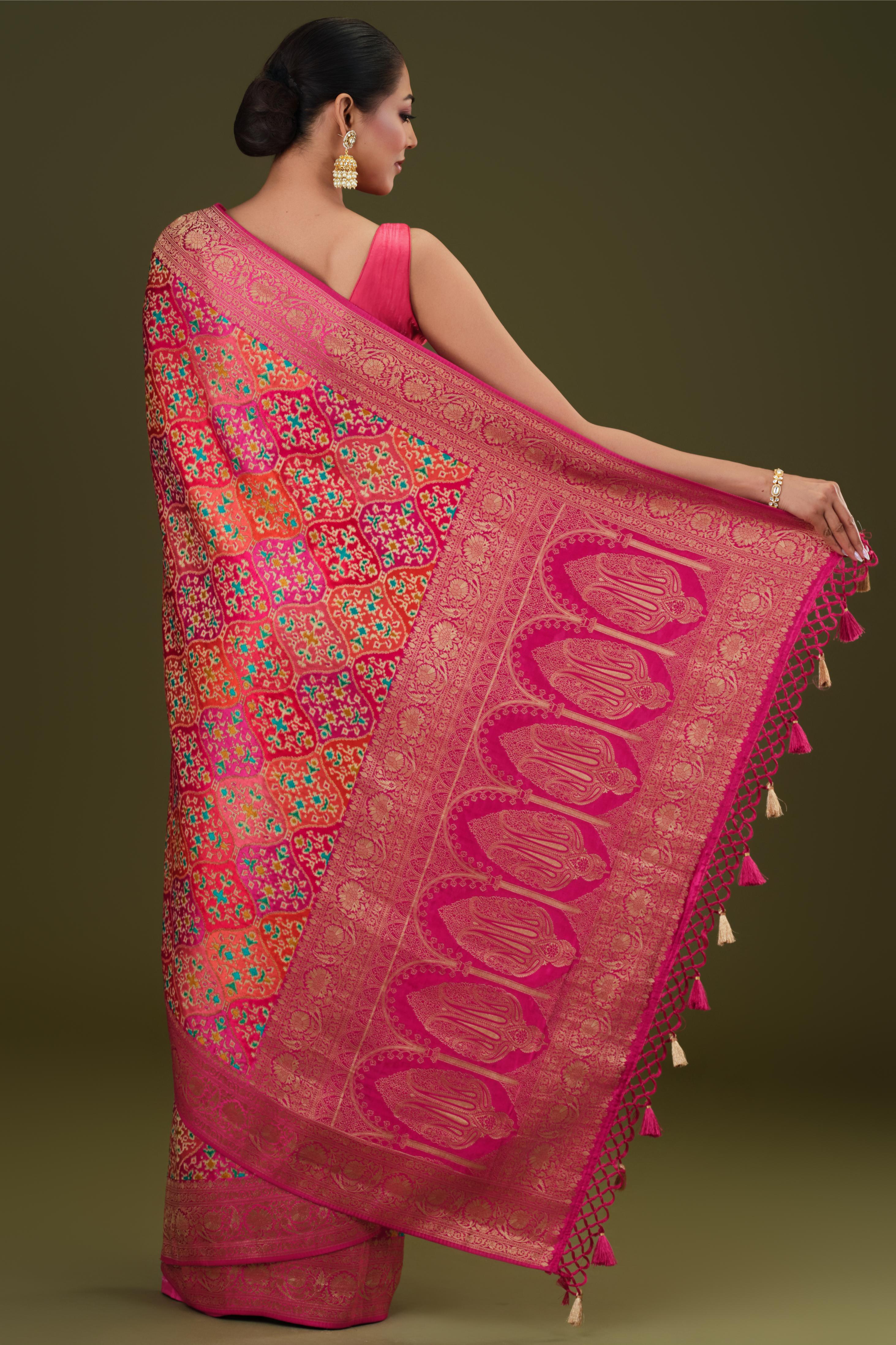 Bright Pink Woven Pure Satin Silk Saree