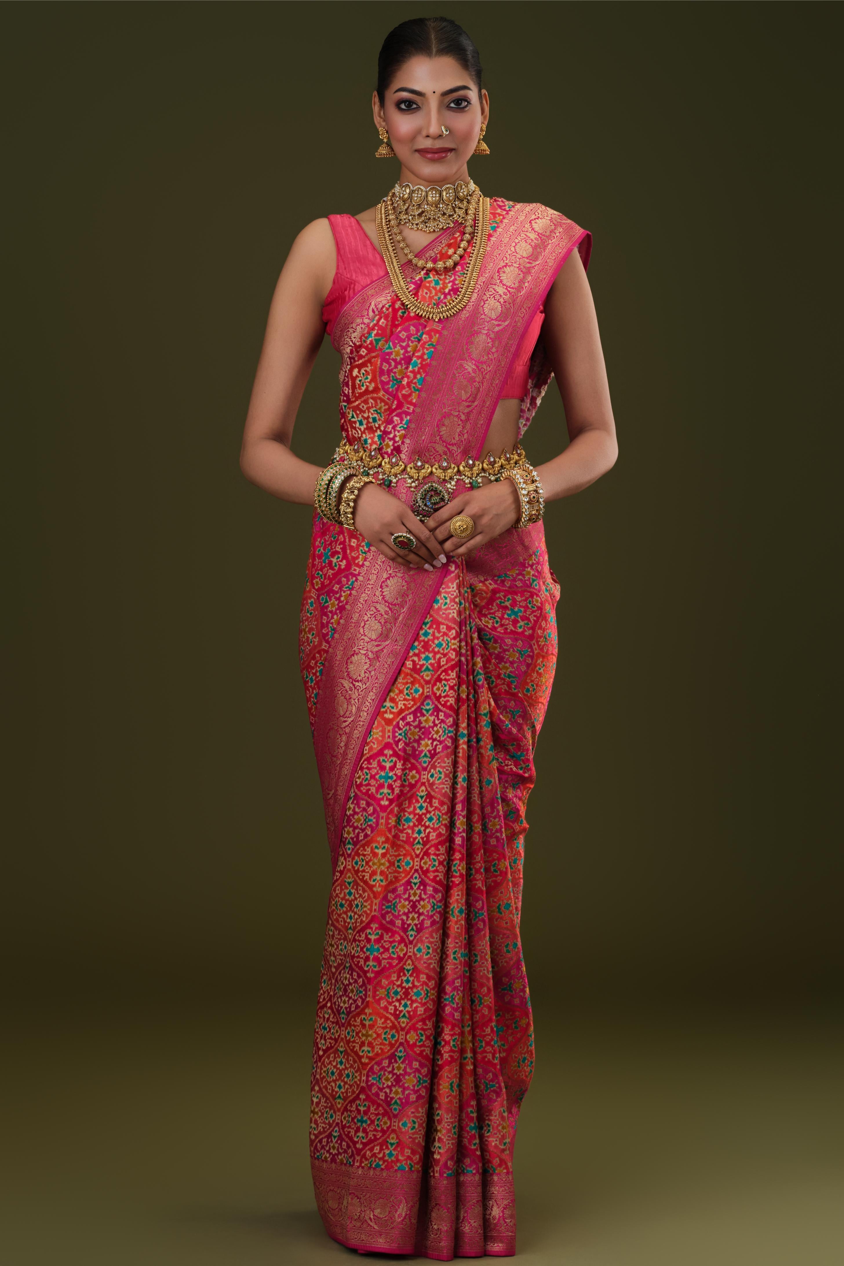 Bright Pink Woven Pure Satin Silk Saree
