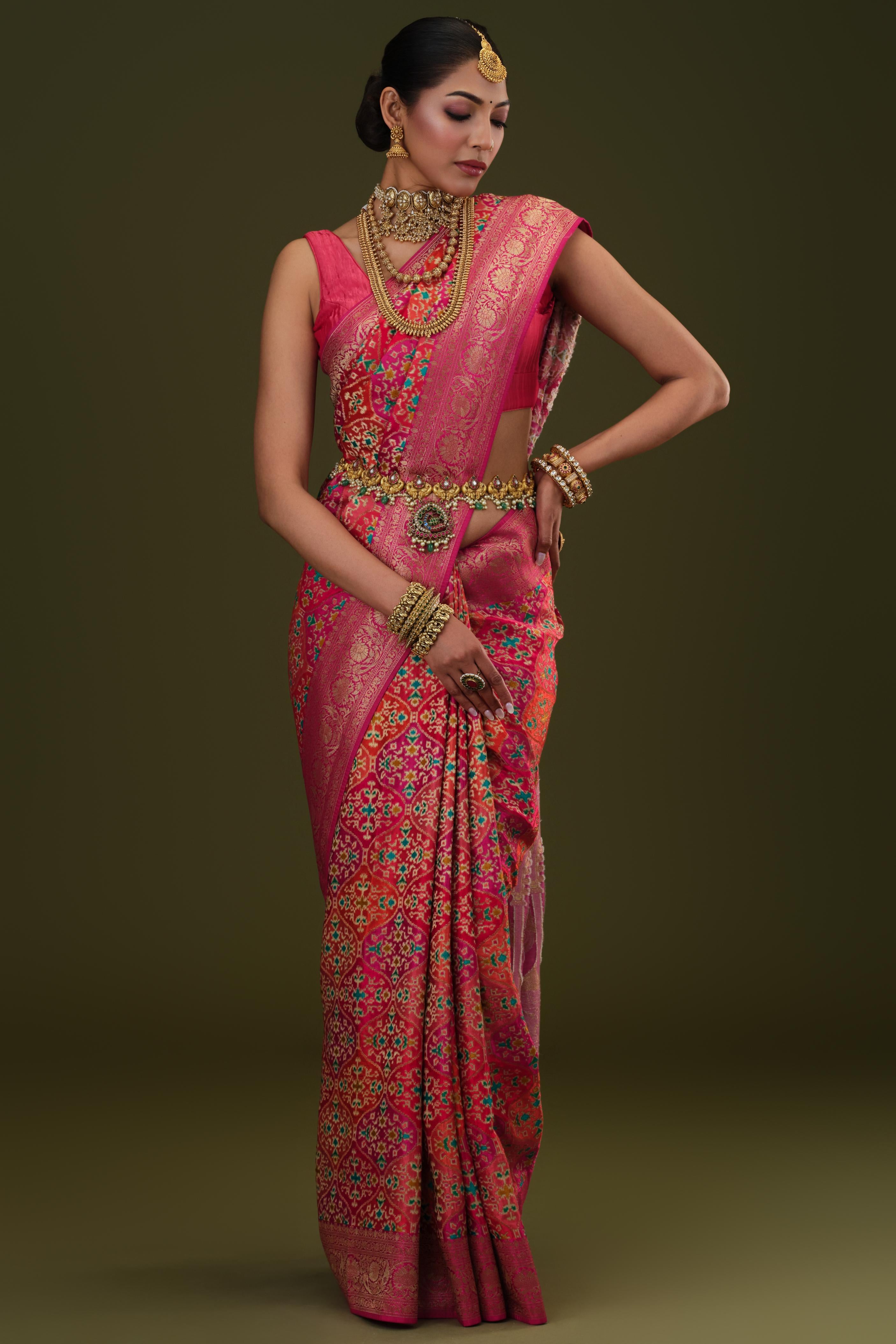 Bright Pink Woven Pure Satin Silk Saree