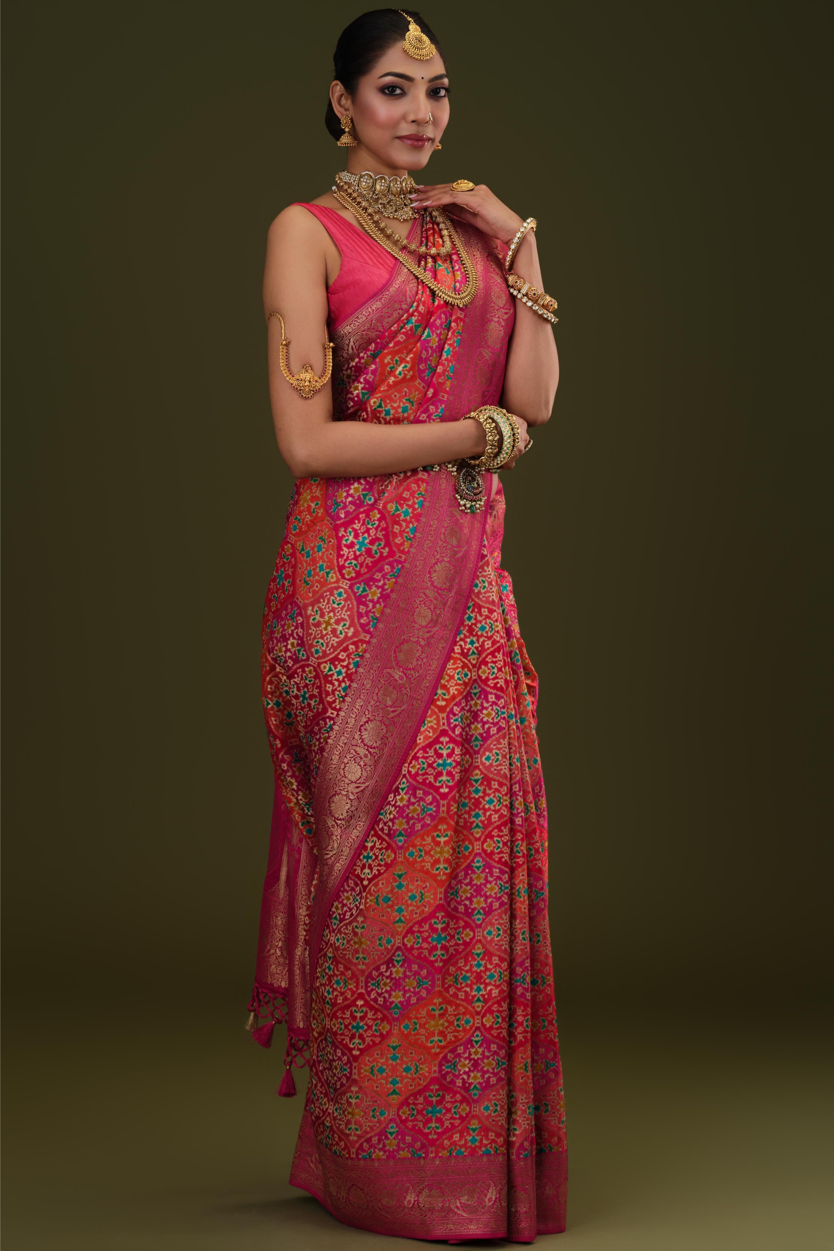 Bright Pink Woven Pure Satin Silk Saree