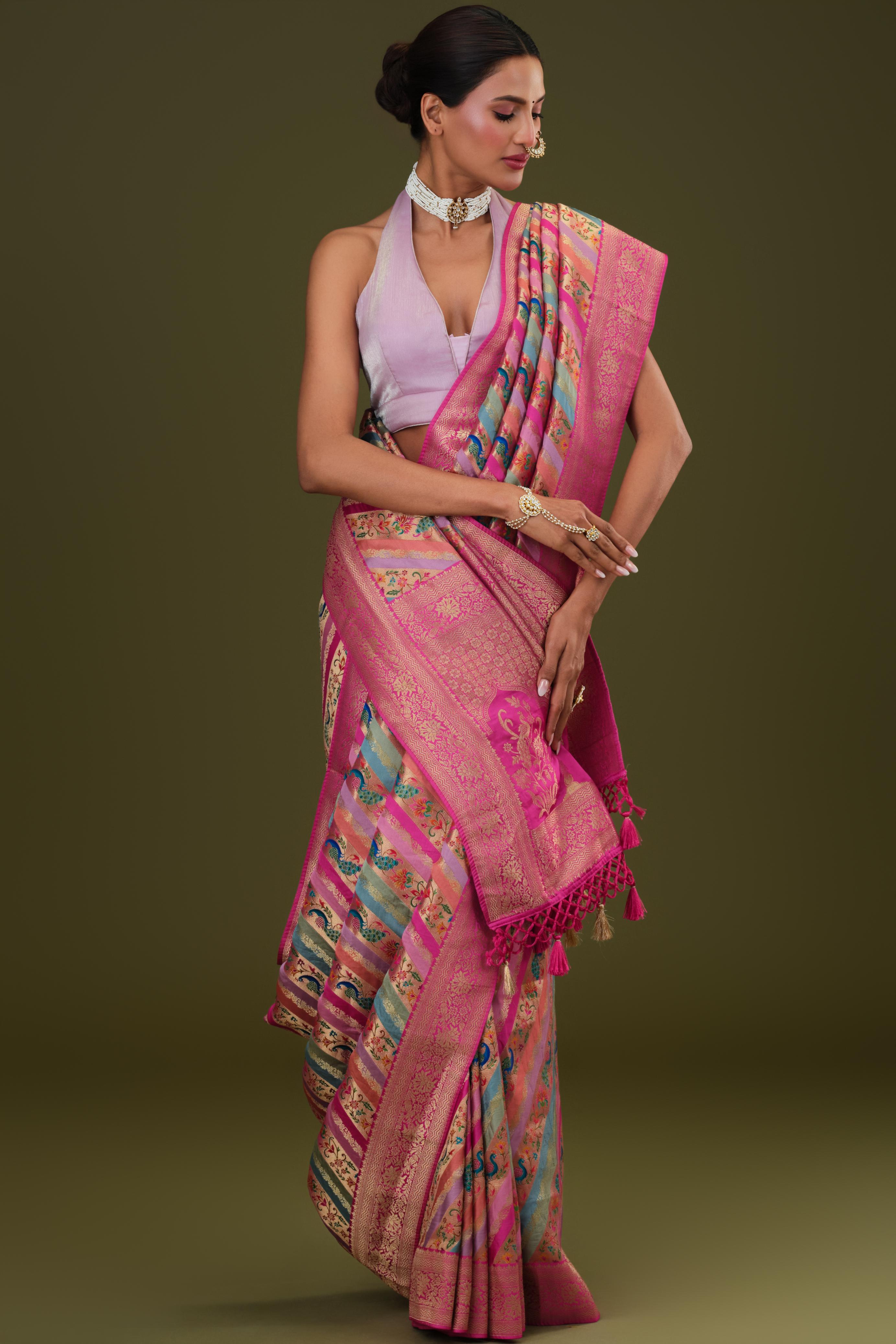 Rose Pink Woven Pure Satin Silk Saree