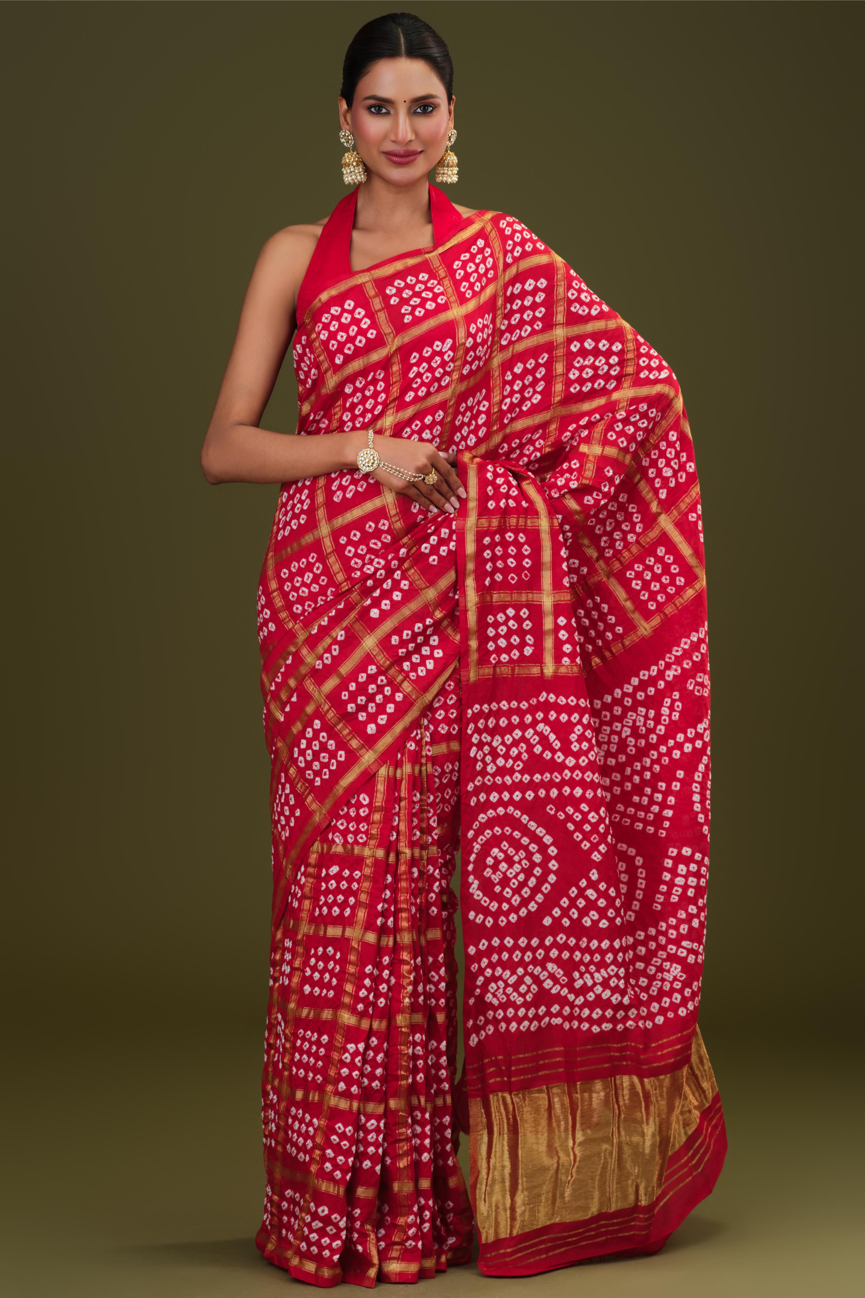 Red Bandhani Dola Silk Saree
