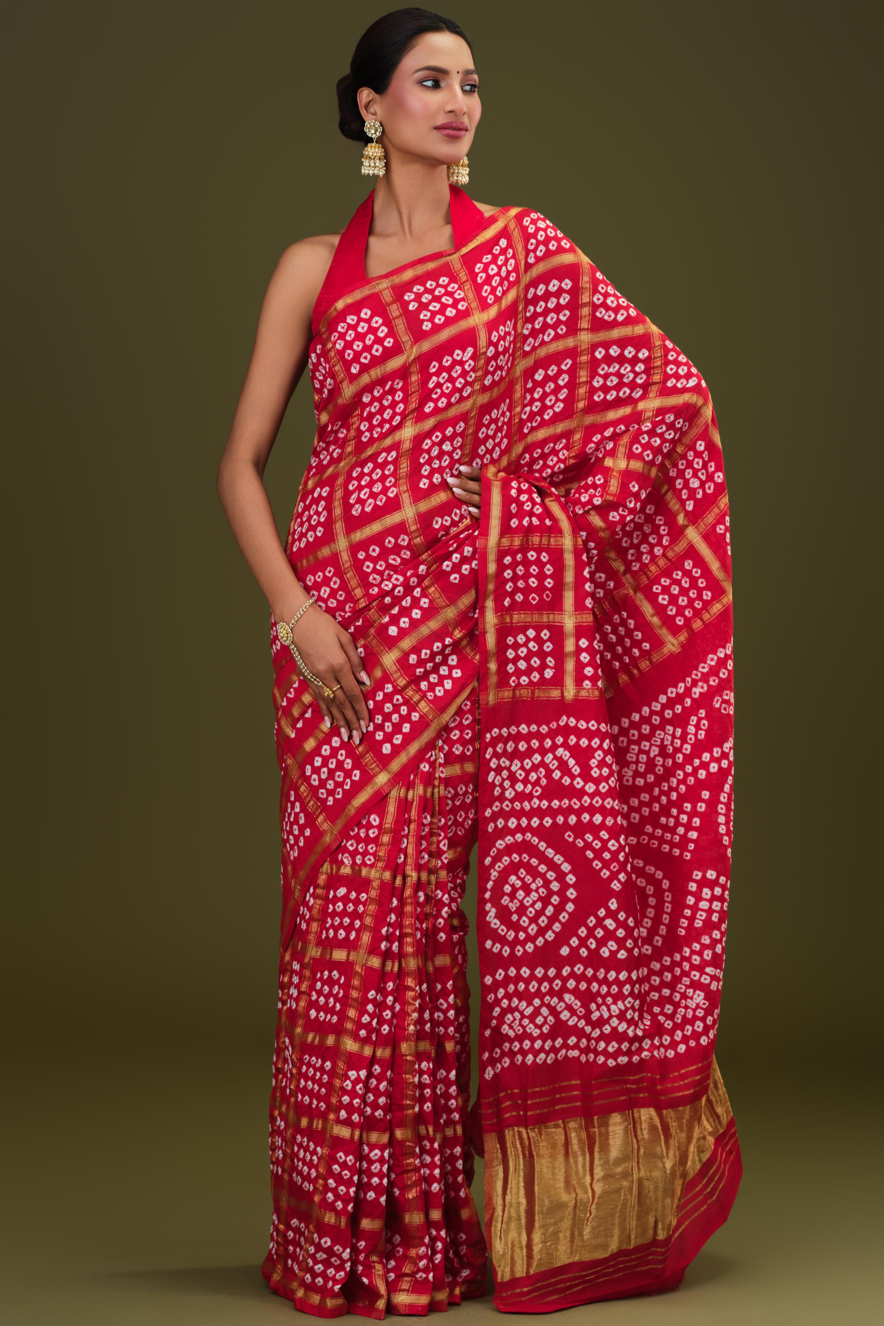 Red Bandhani Dola Silk Saree