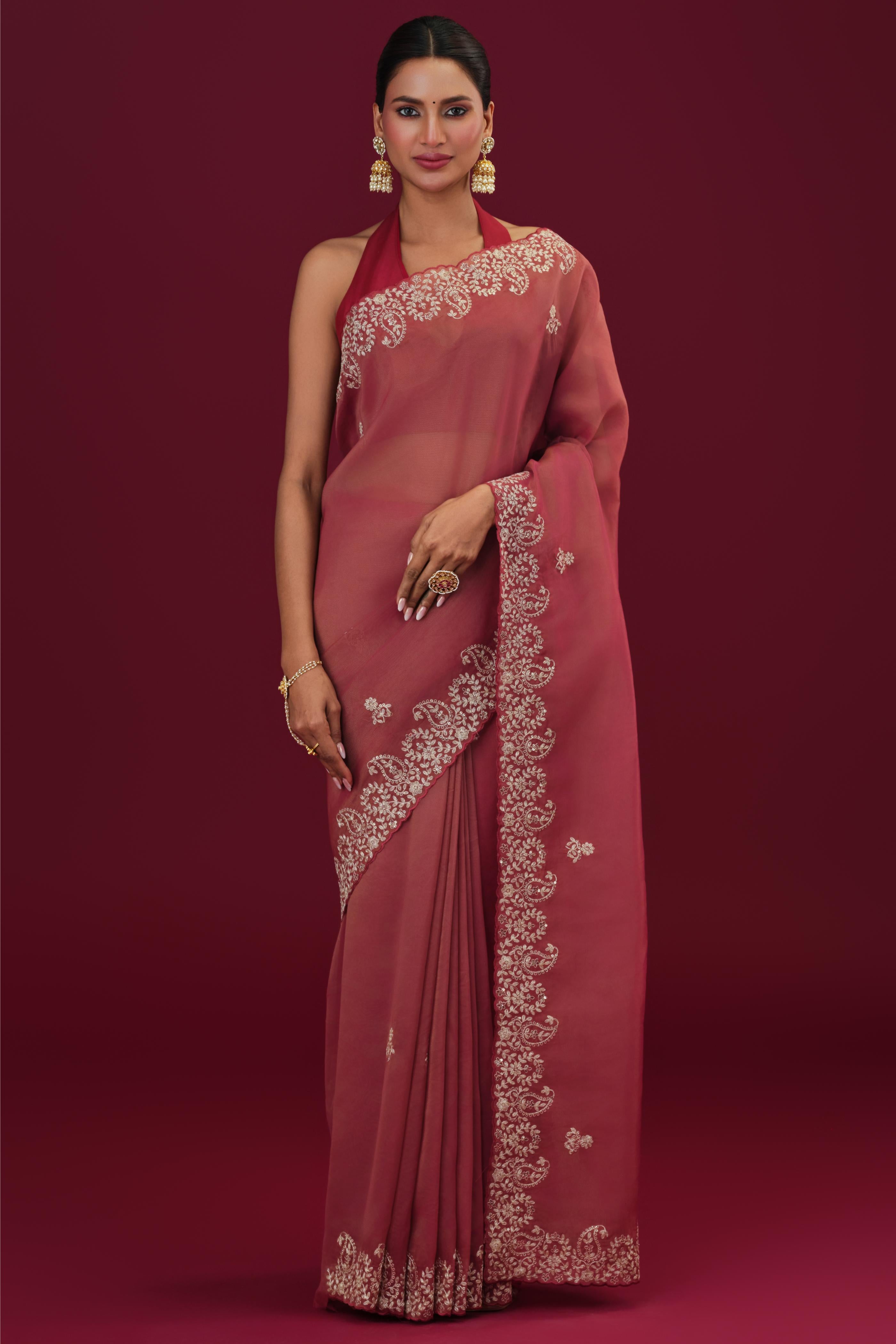 Red Embroidered Tissue Silk Saree