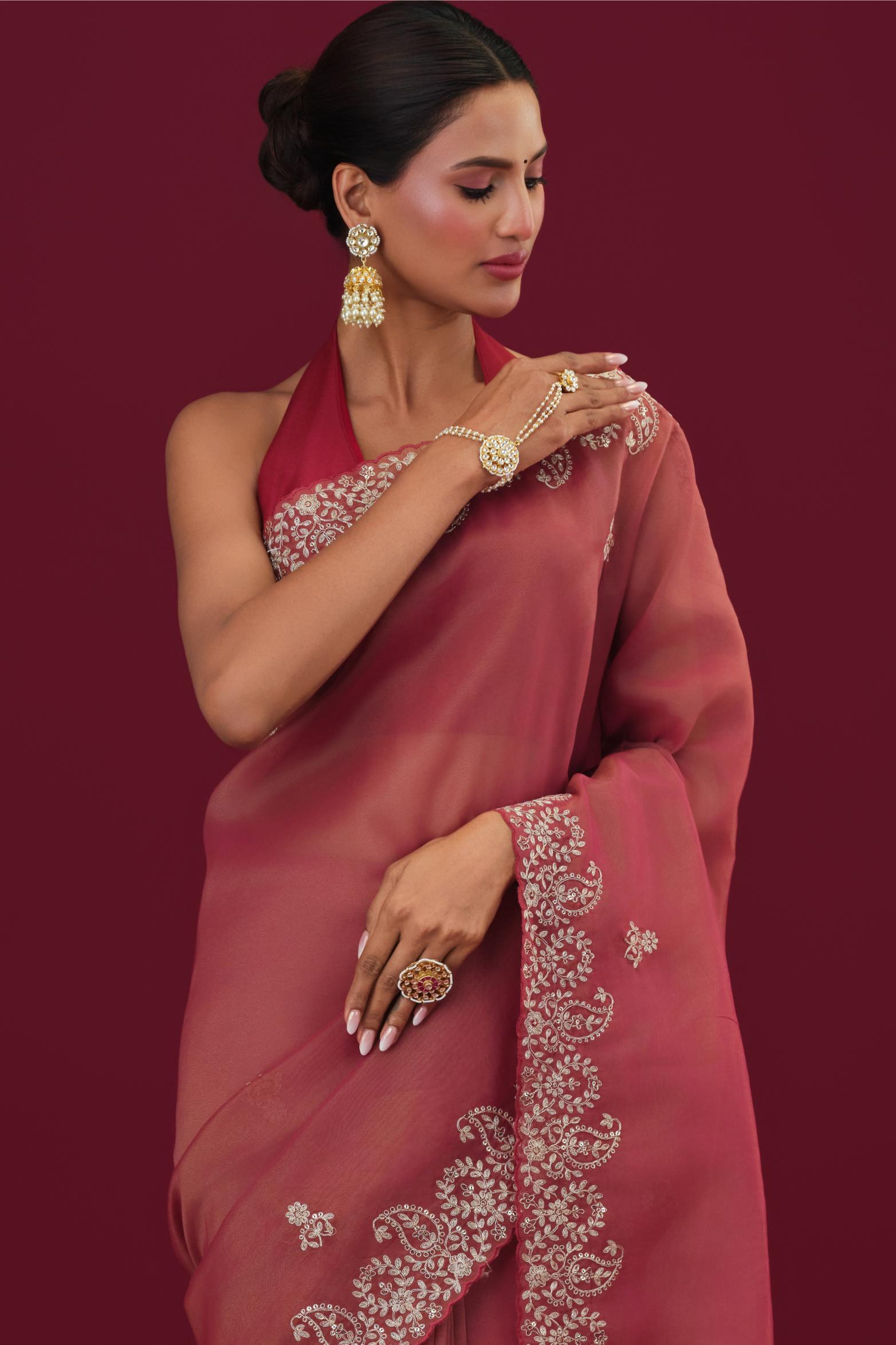 Red Embroidered Tissue Silk Saree