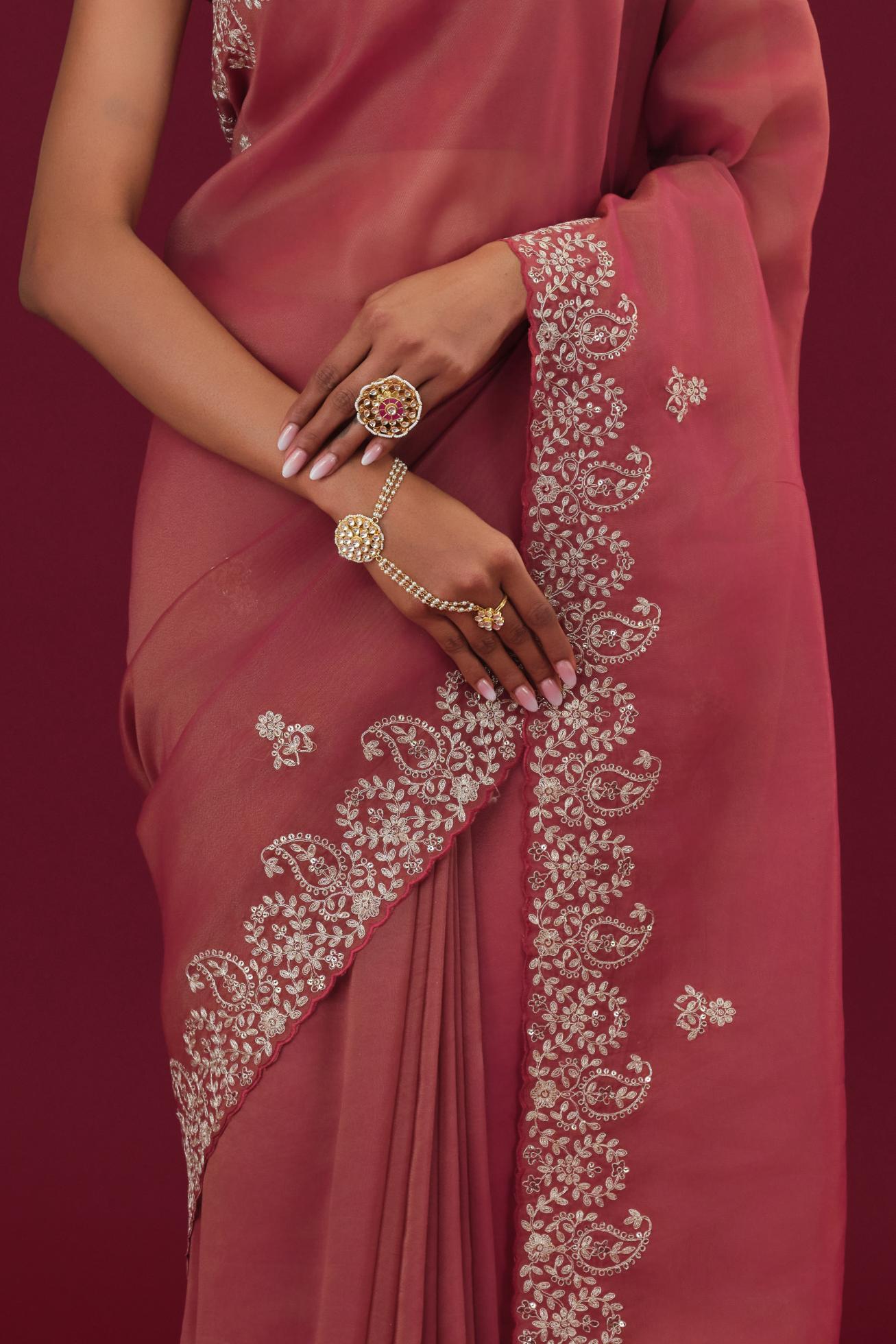 Red Embroidered Tissue Silk Saree