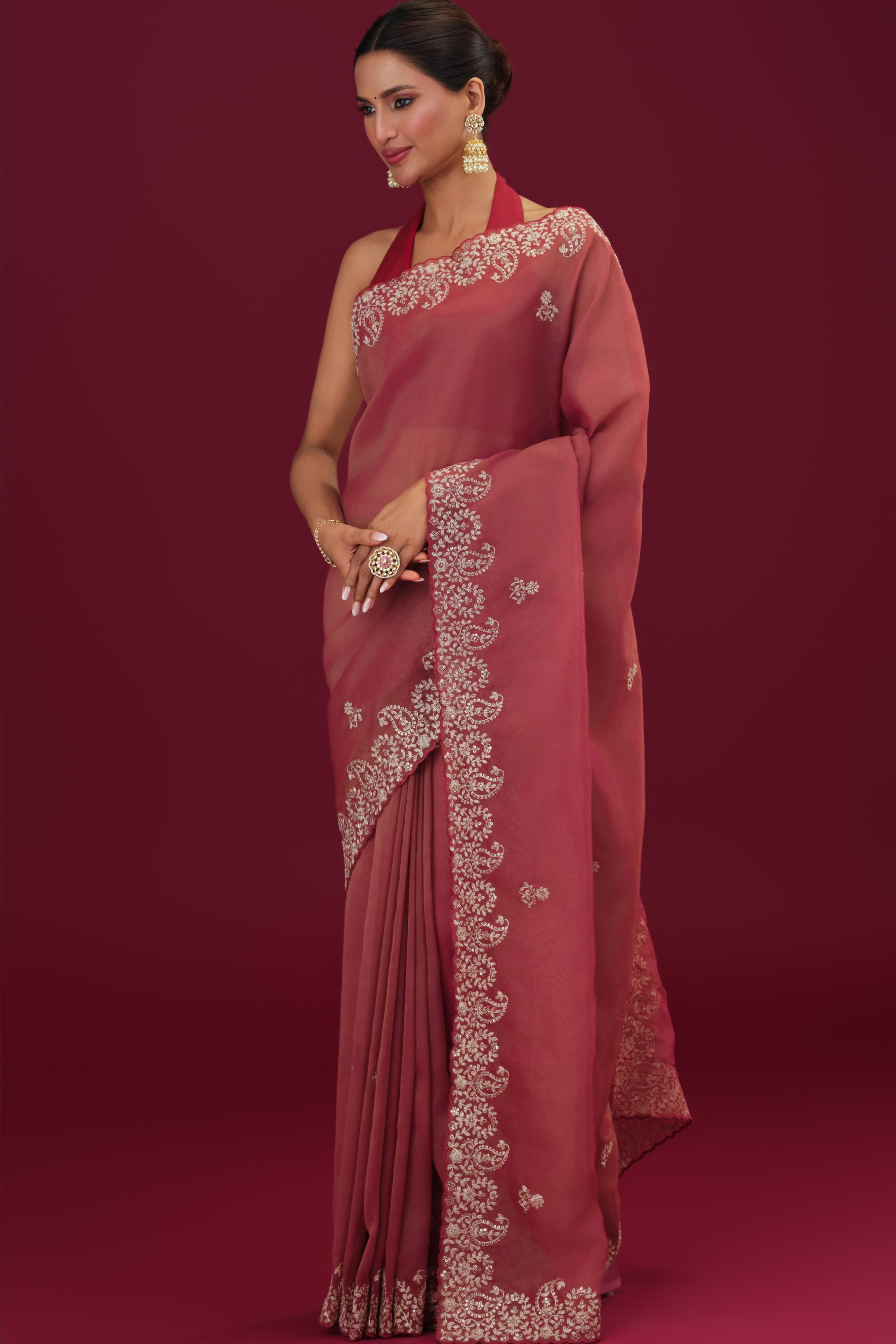 Red Embroidered Tissue Silk Saree