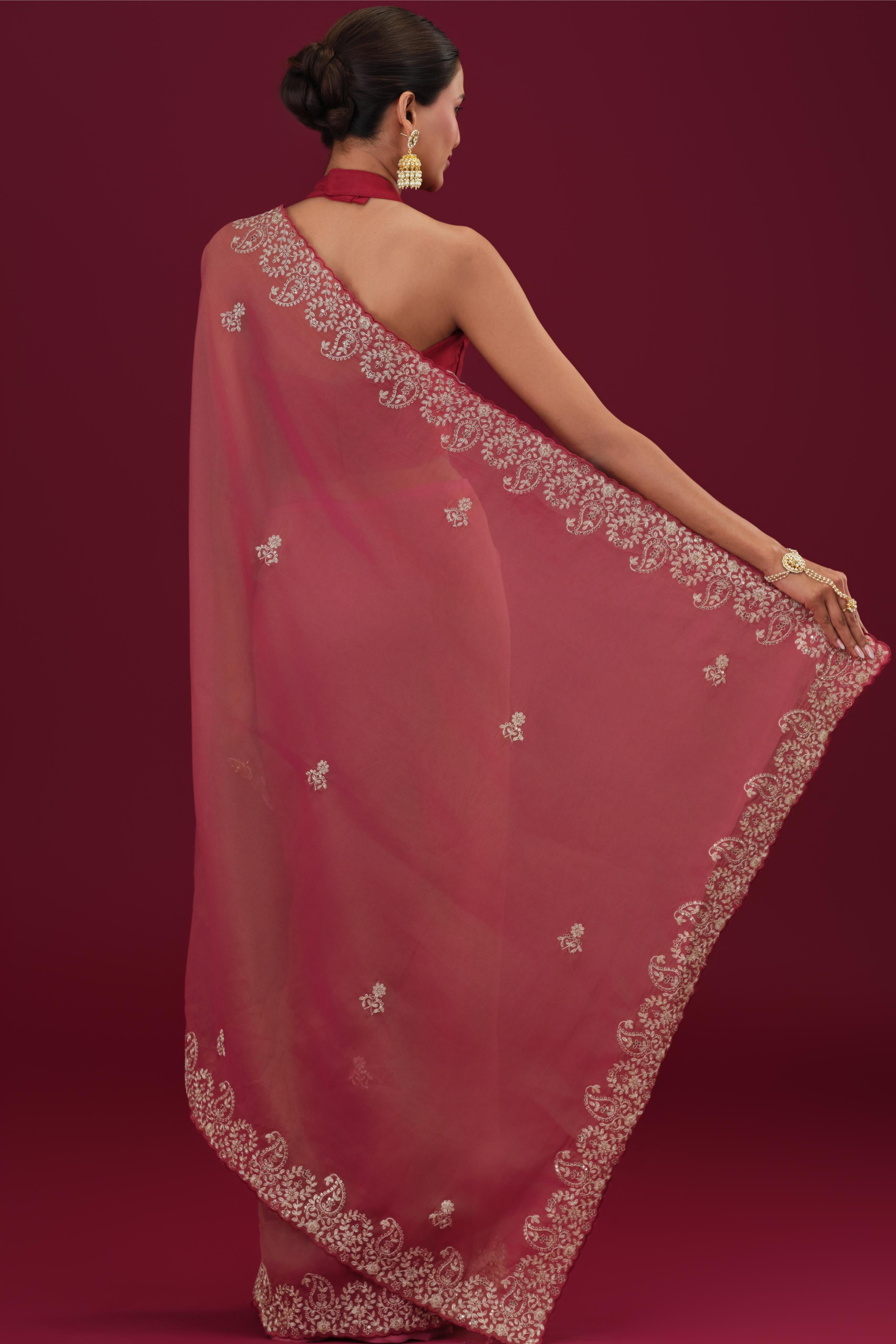 Red Embroidered Tissue Silk Saree