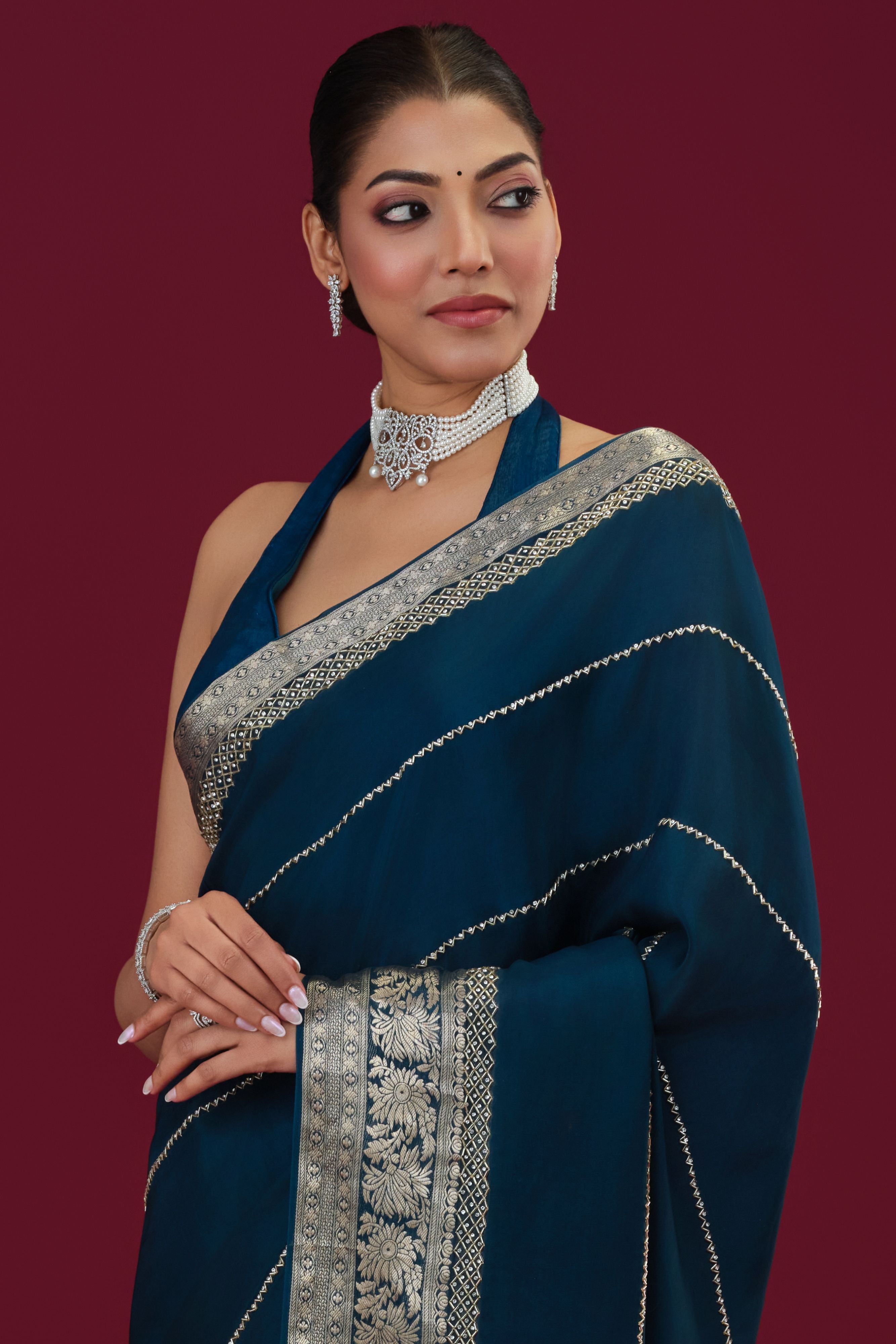 Blue Embroidered Cosmo Silk Saree