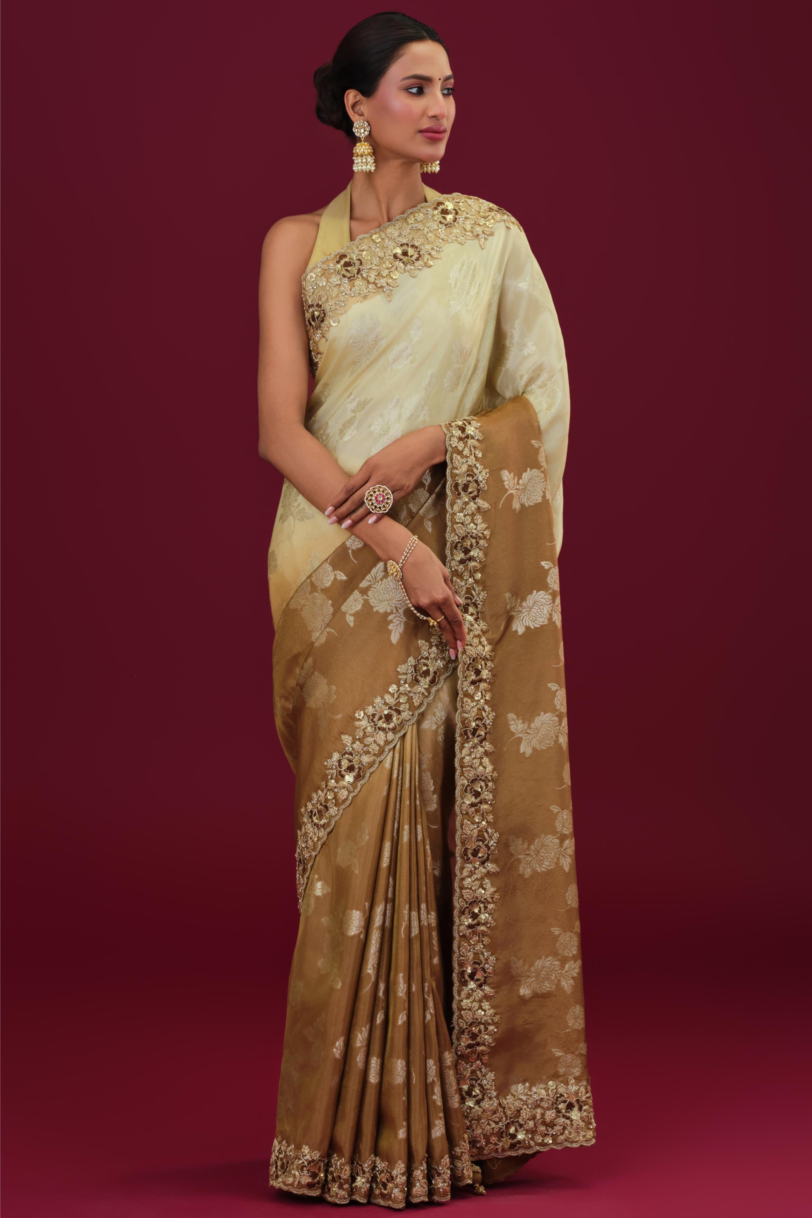 Brown Ombre-Dyed Cosmo Tissue Silk Saree