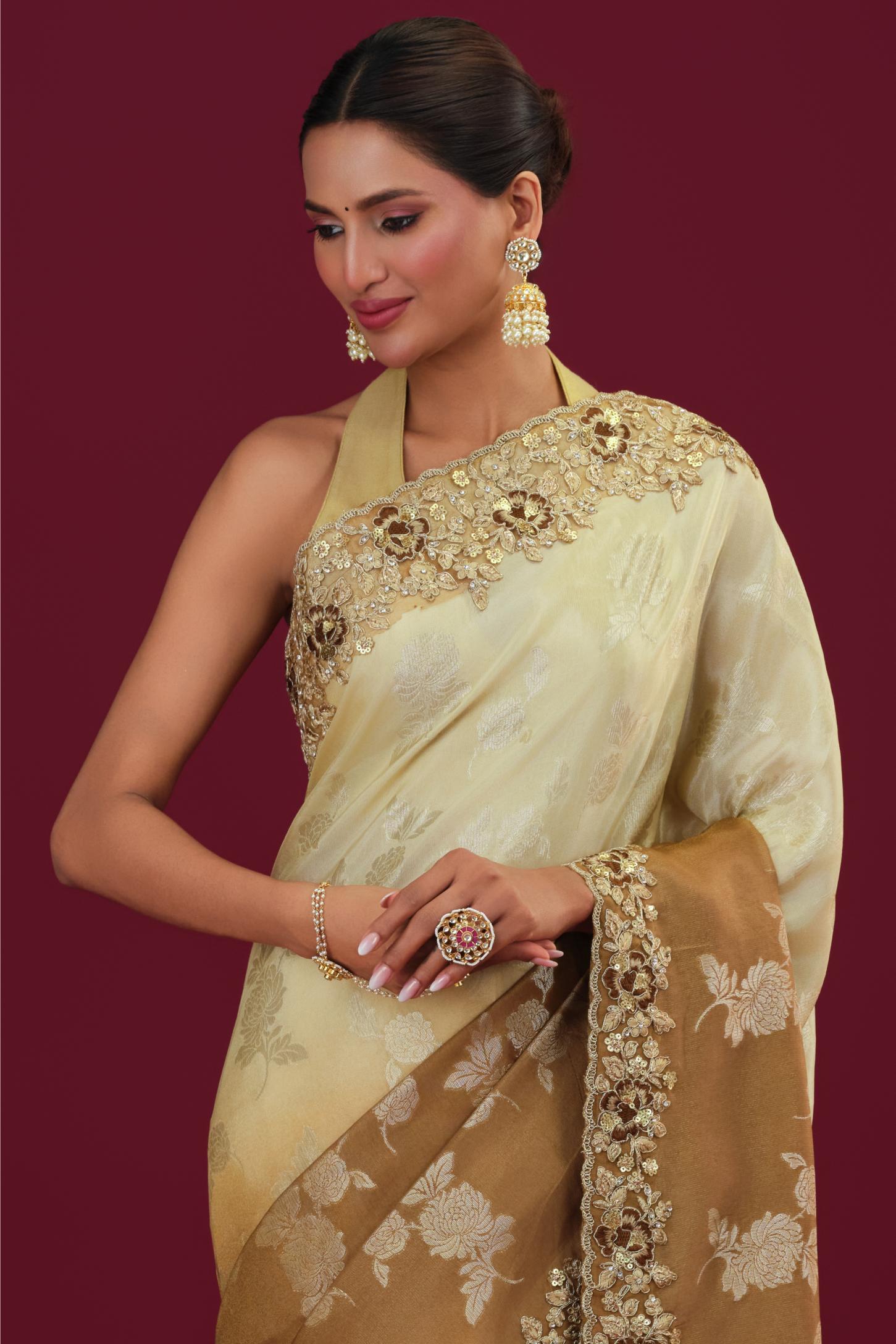 Brown Ombre-Dyed Cosmo Tissue Silk Saree