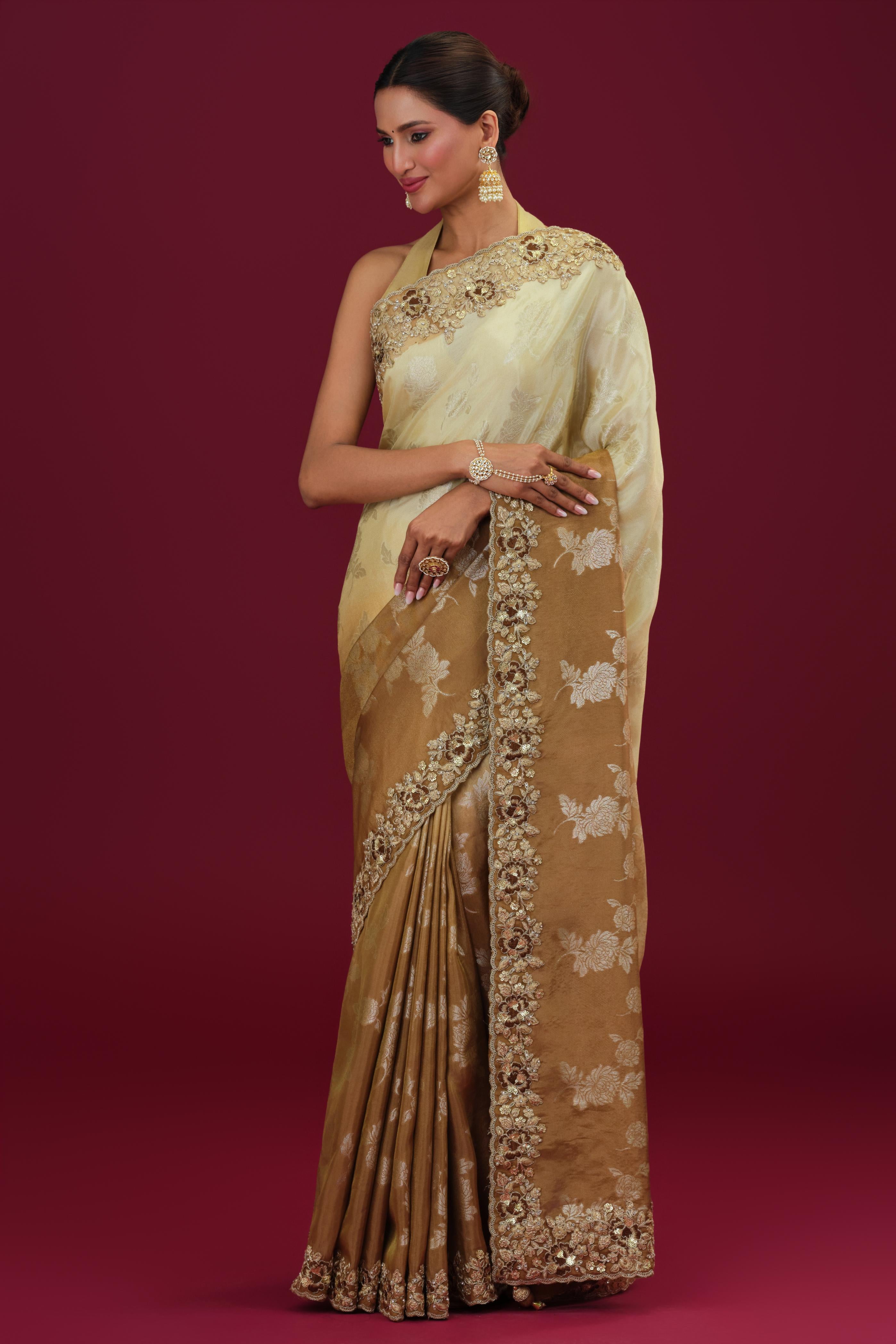 Brown Ombre-Dyed Cosmo Tissue Silk Saree