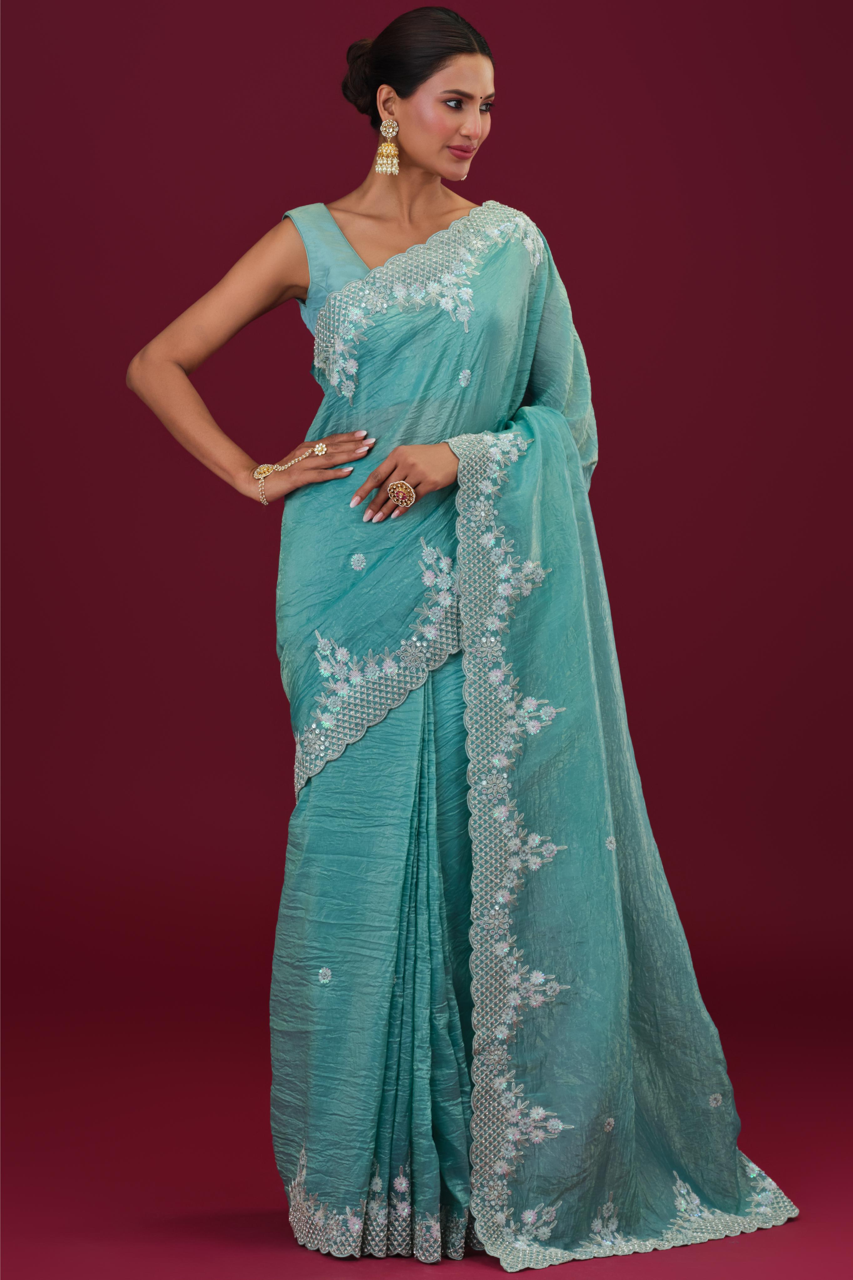 Light Blue Embellished Crush Silk Saree