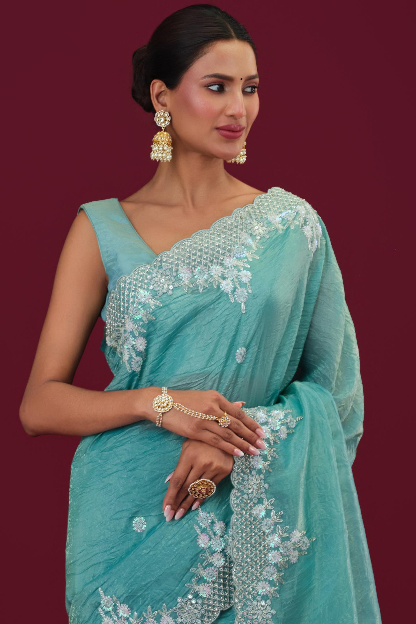 Light Blue Embellished Crush Silk Saree