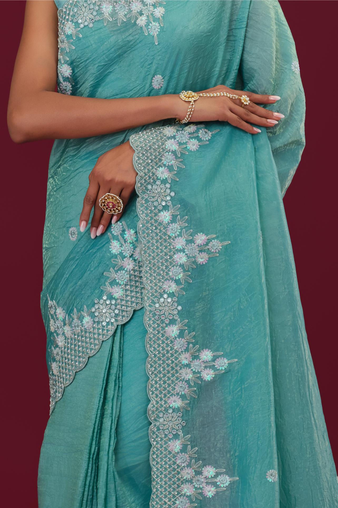 Light Blue Embellished Crush Silk Saree