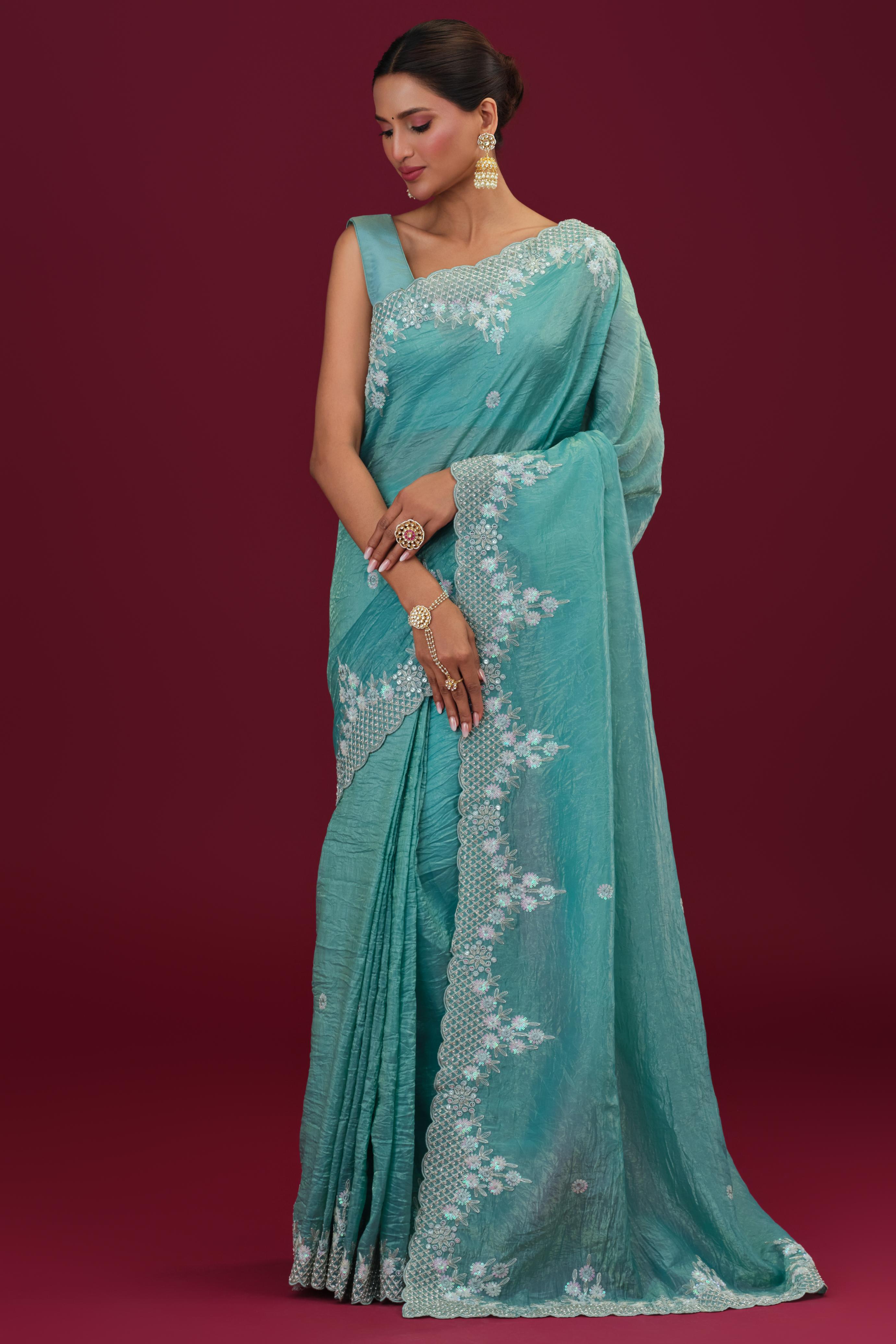 Light Blue Embellished Crush Silk Saree