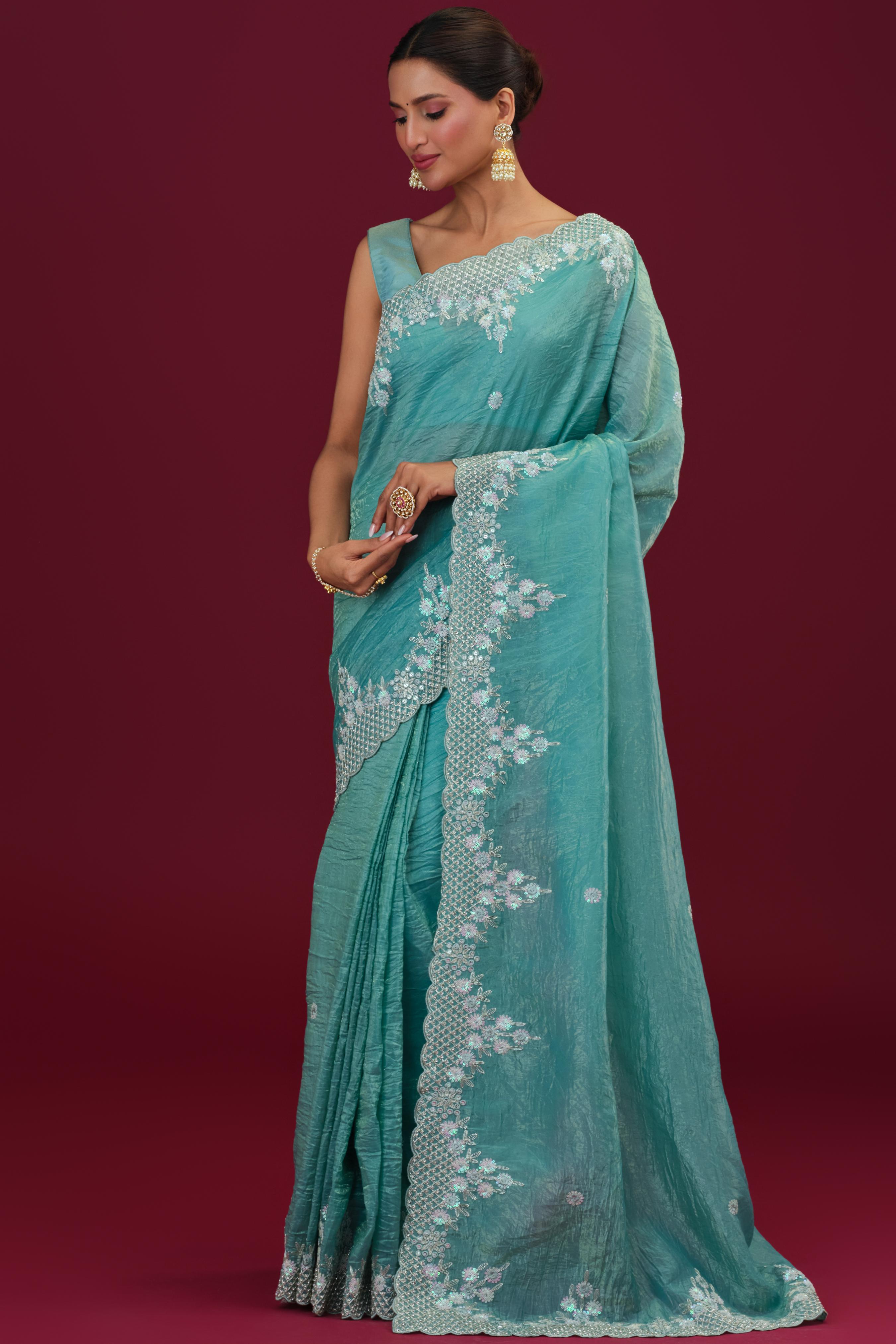 Light Blue Embellished Crush Silk Saree
