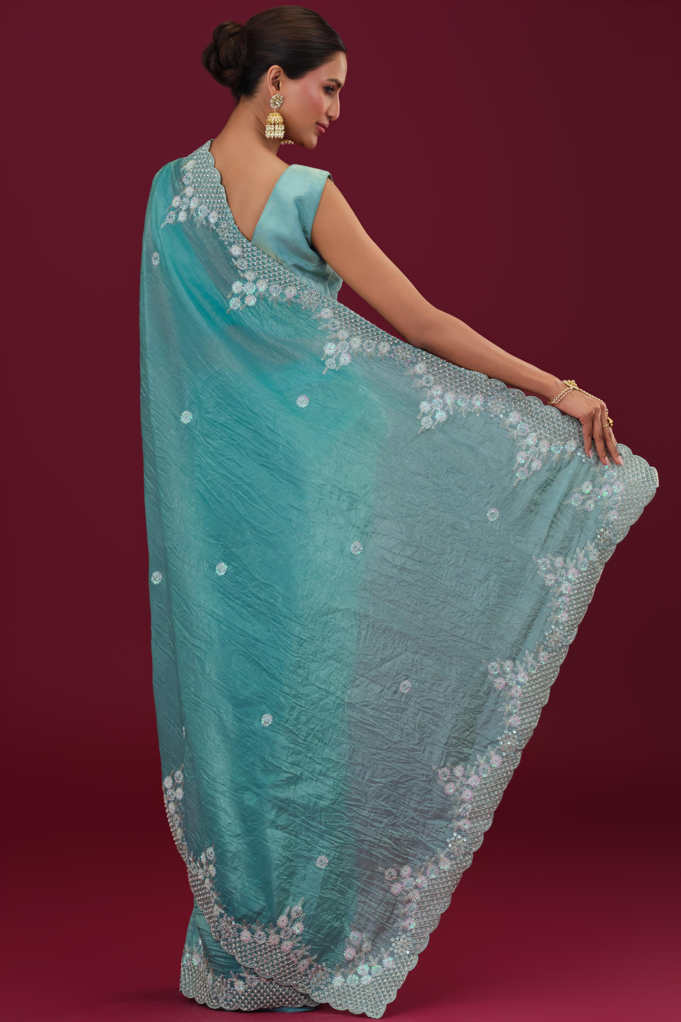Light Blue Embellished Crush Silk Saree