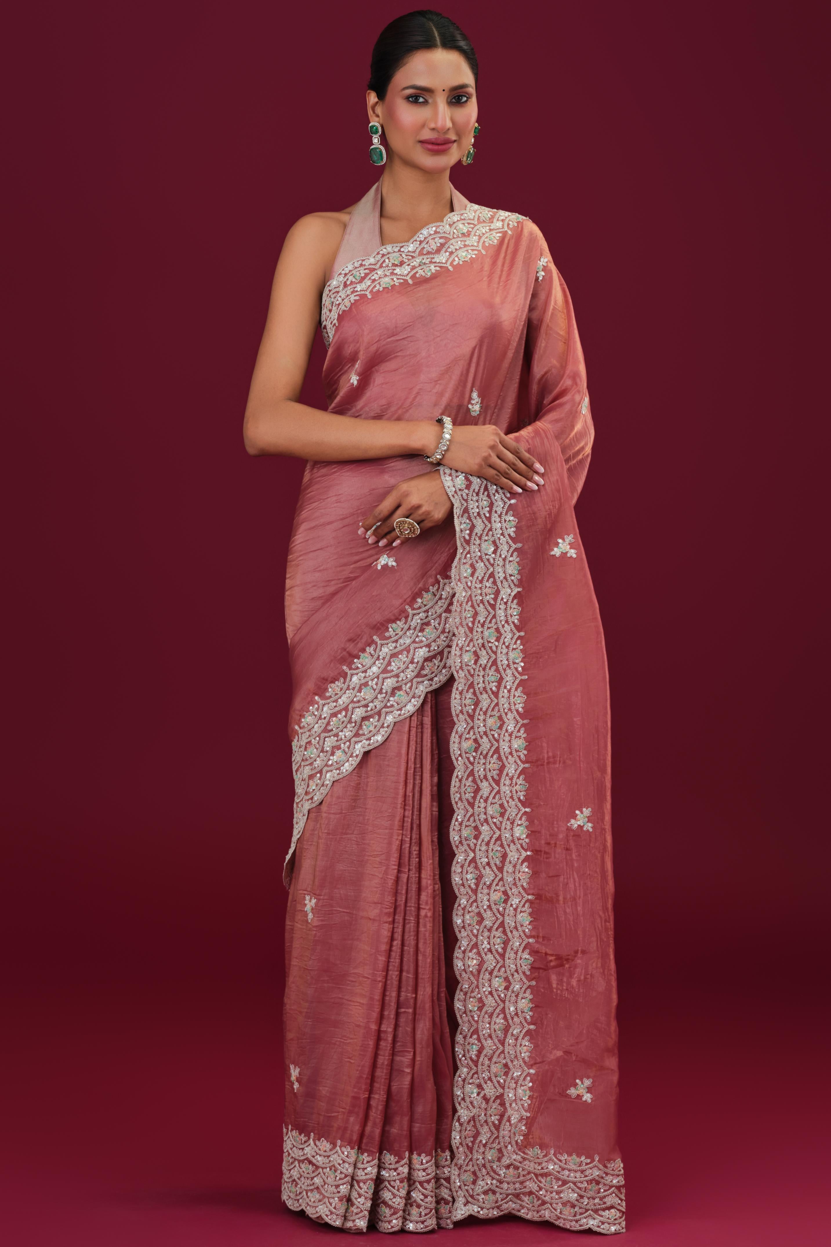 Rust Embellished Crush Silk Saree