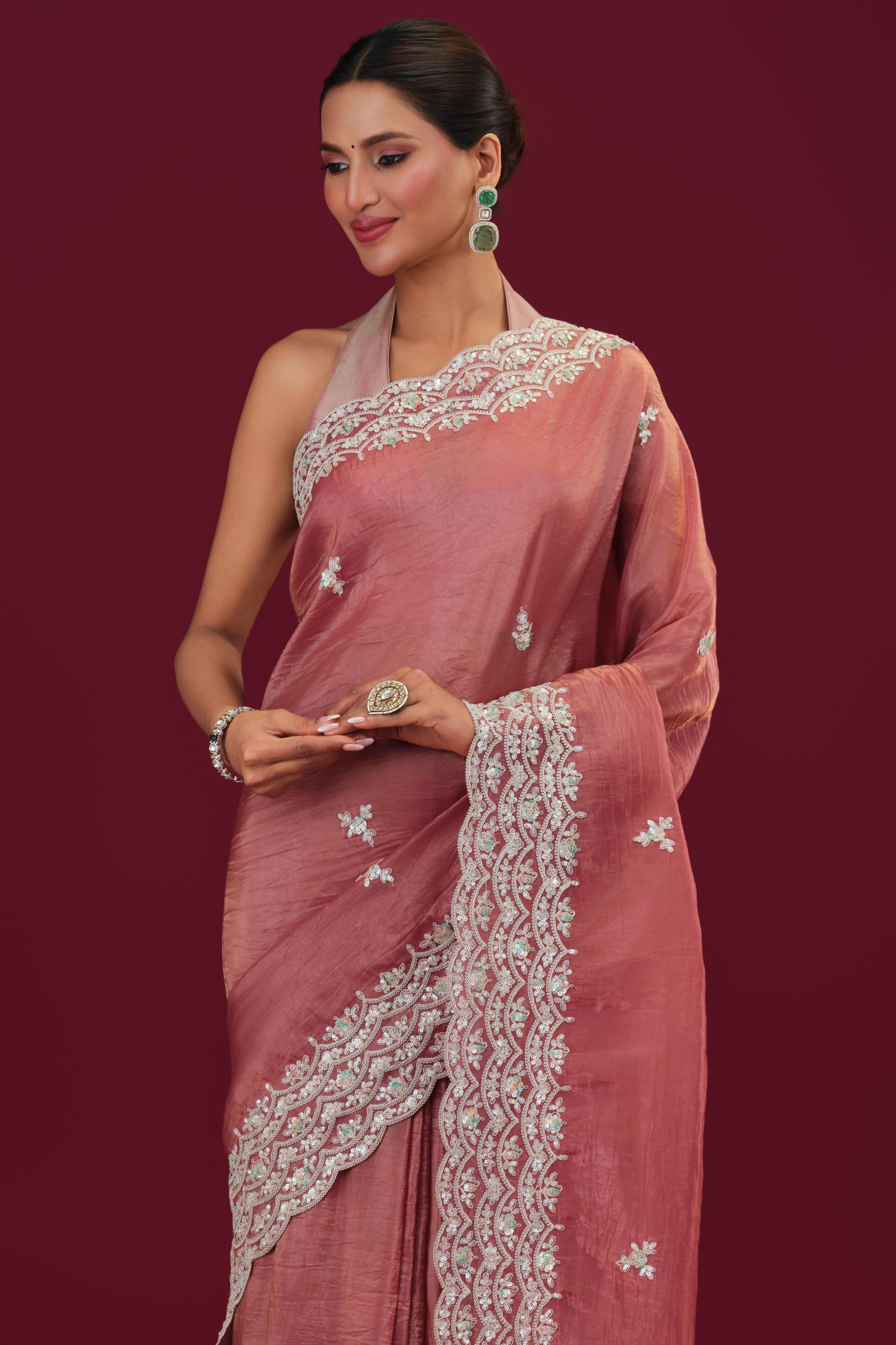 Rust Embellished Crush Silk Saree