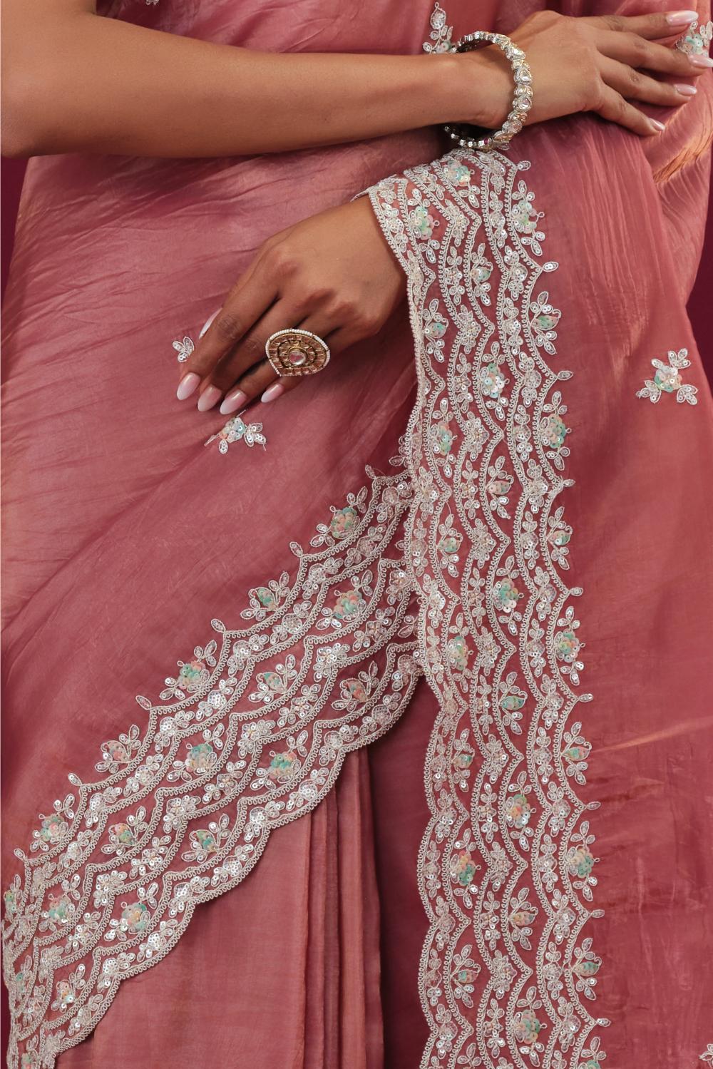Rust Embellished Crush Silk Saree