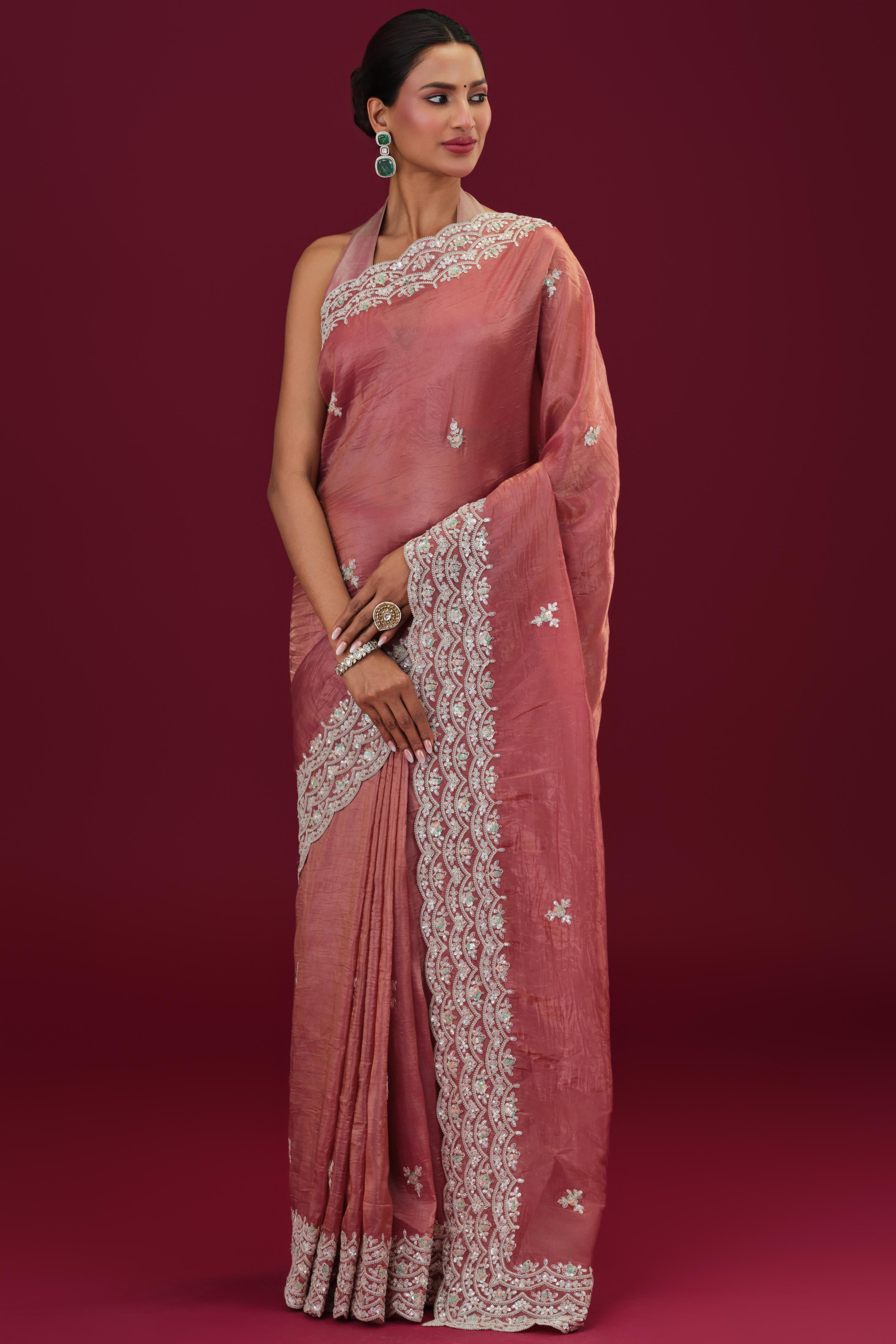 Rust Embellished Crush Silk Saree