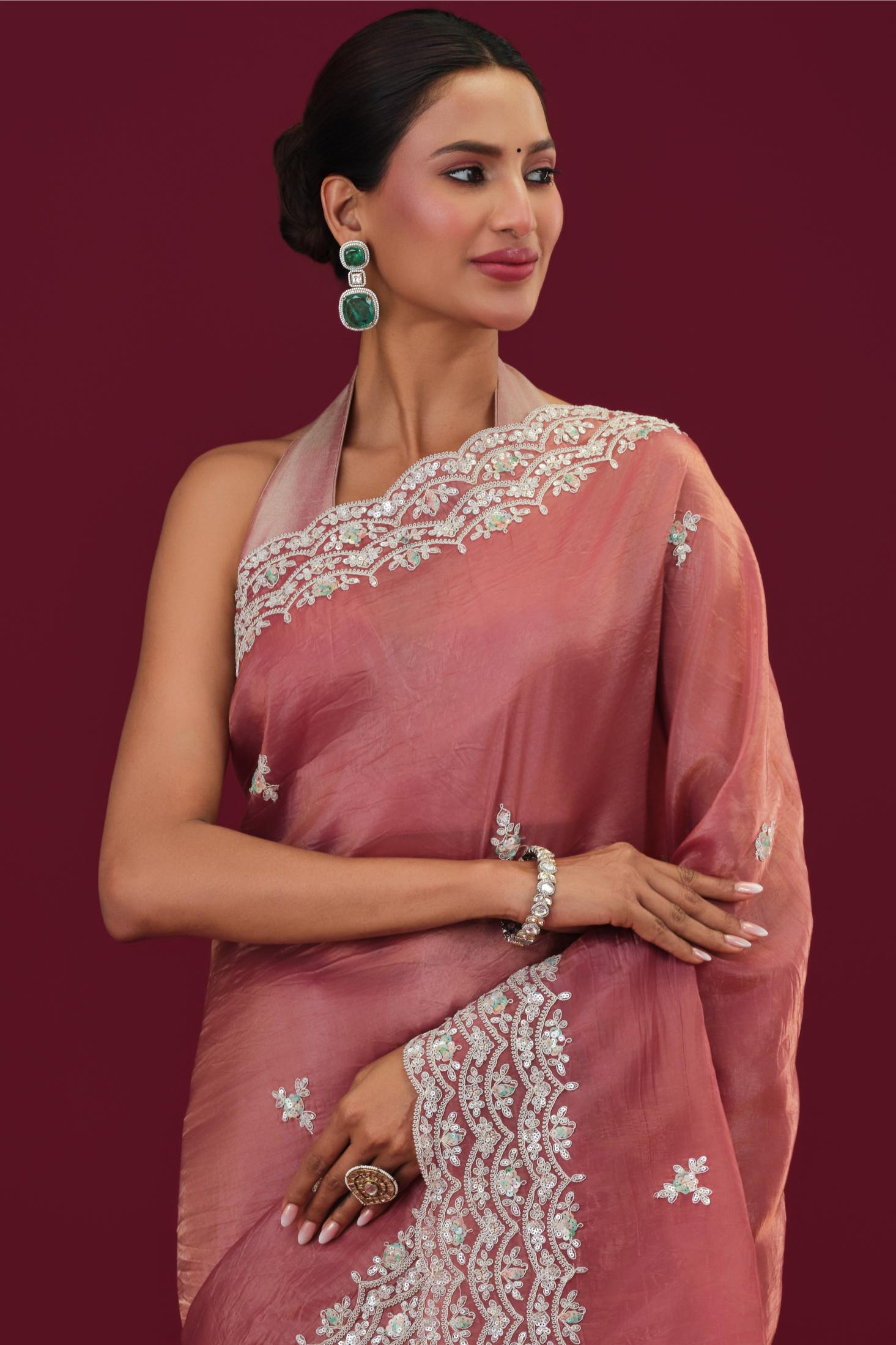 Rust Embellished Crush Silk Saree