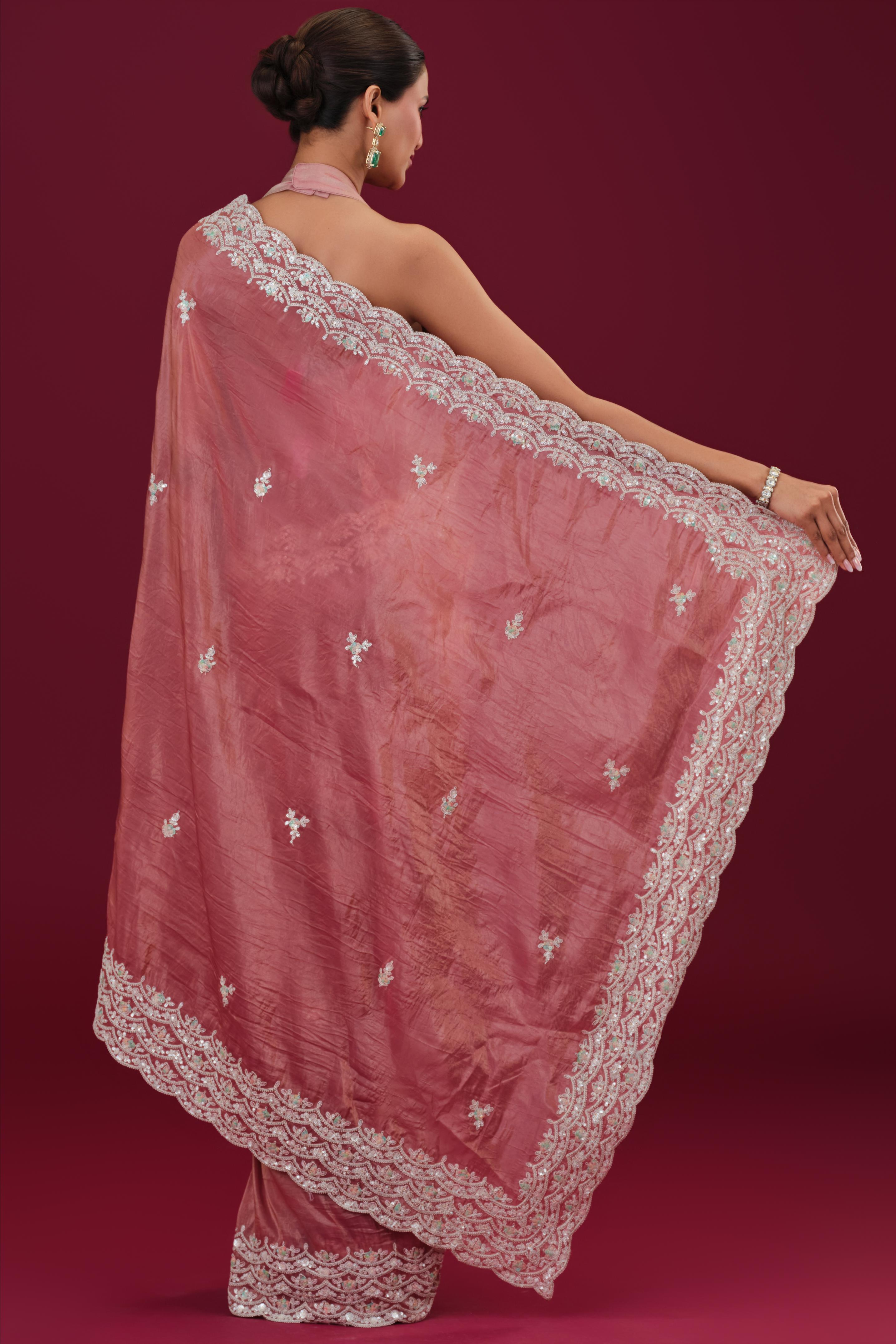 Rust Embellished Crush Silk Saree