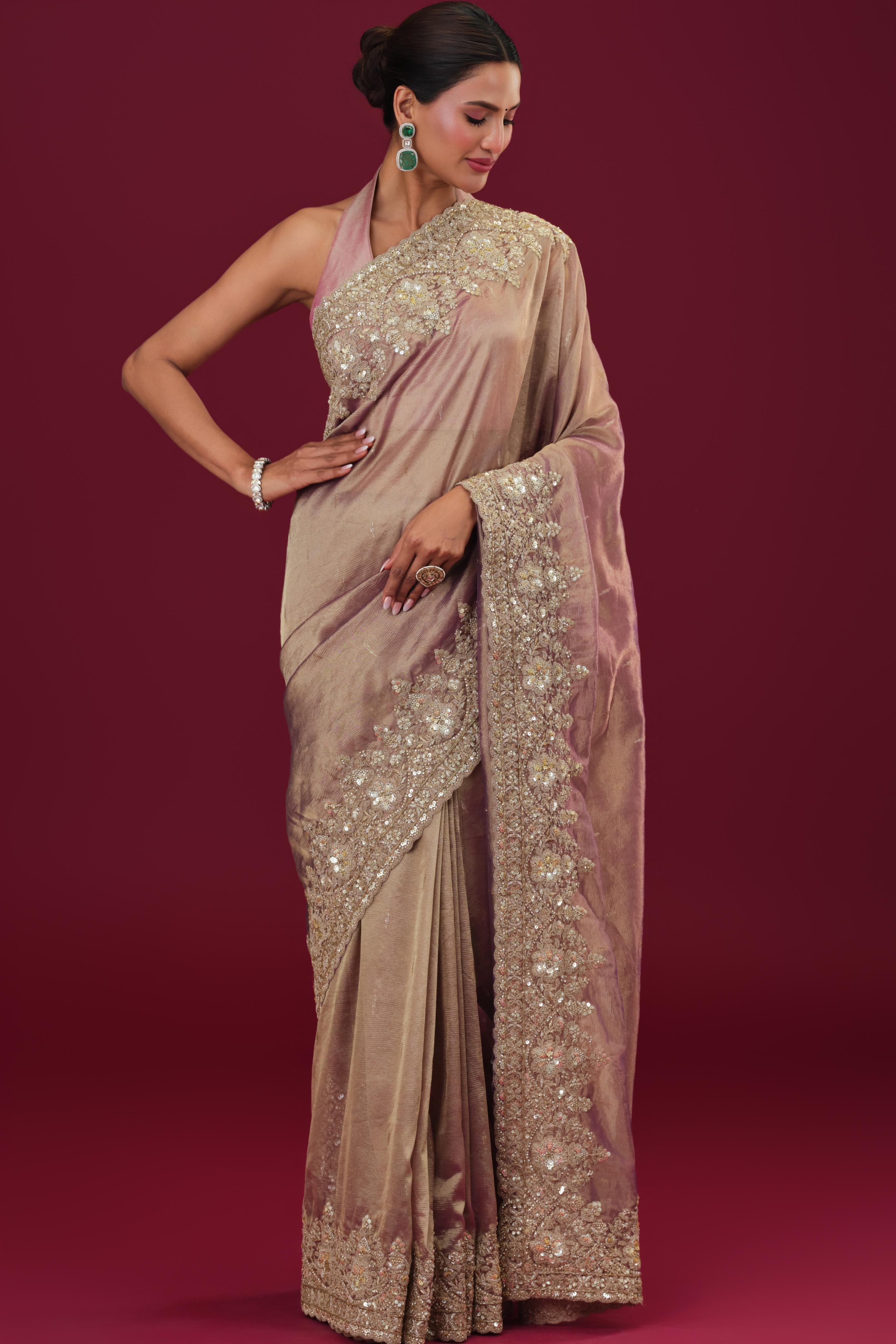 Rose Gold Banarasi Tissue Silk Saree