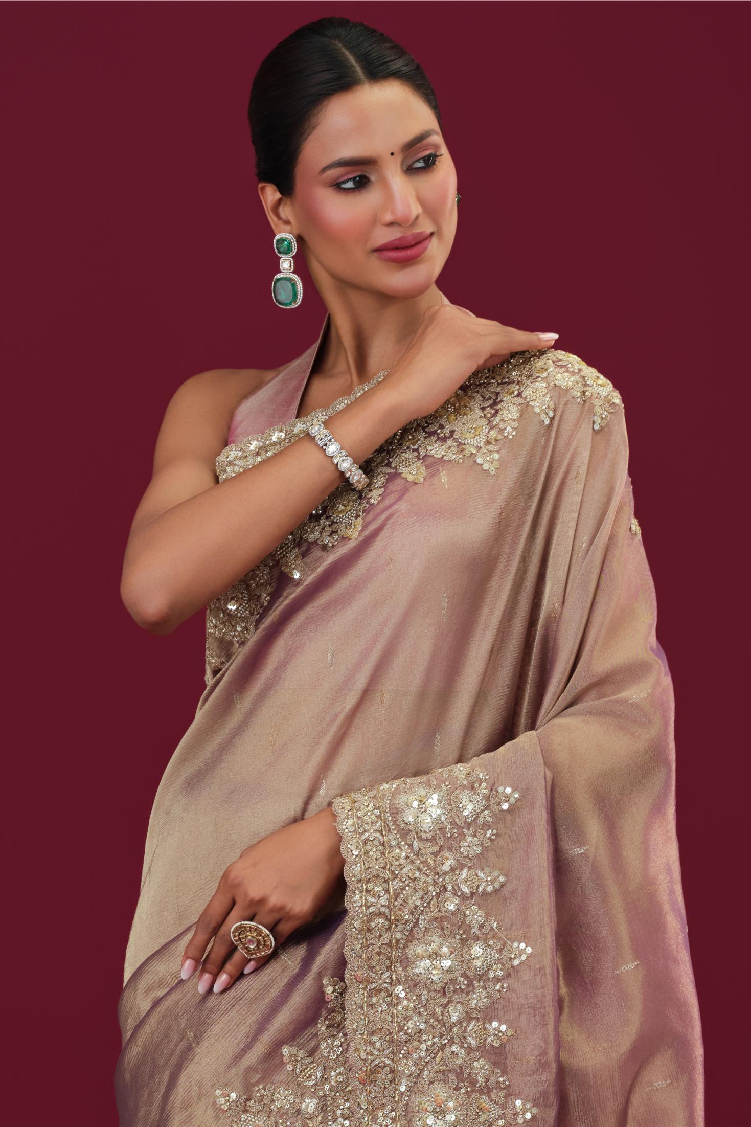Rose Gold Banarasi Tissue Silk Saree