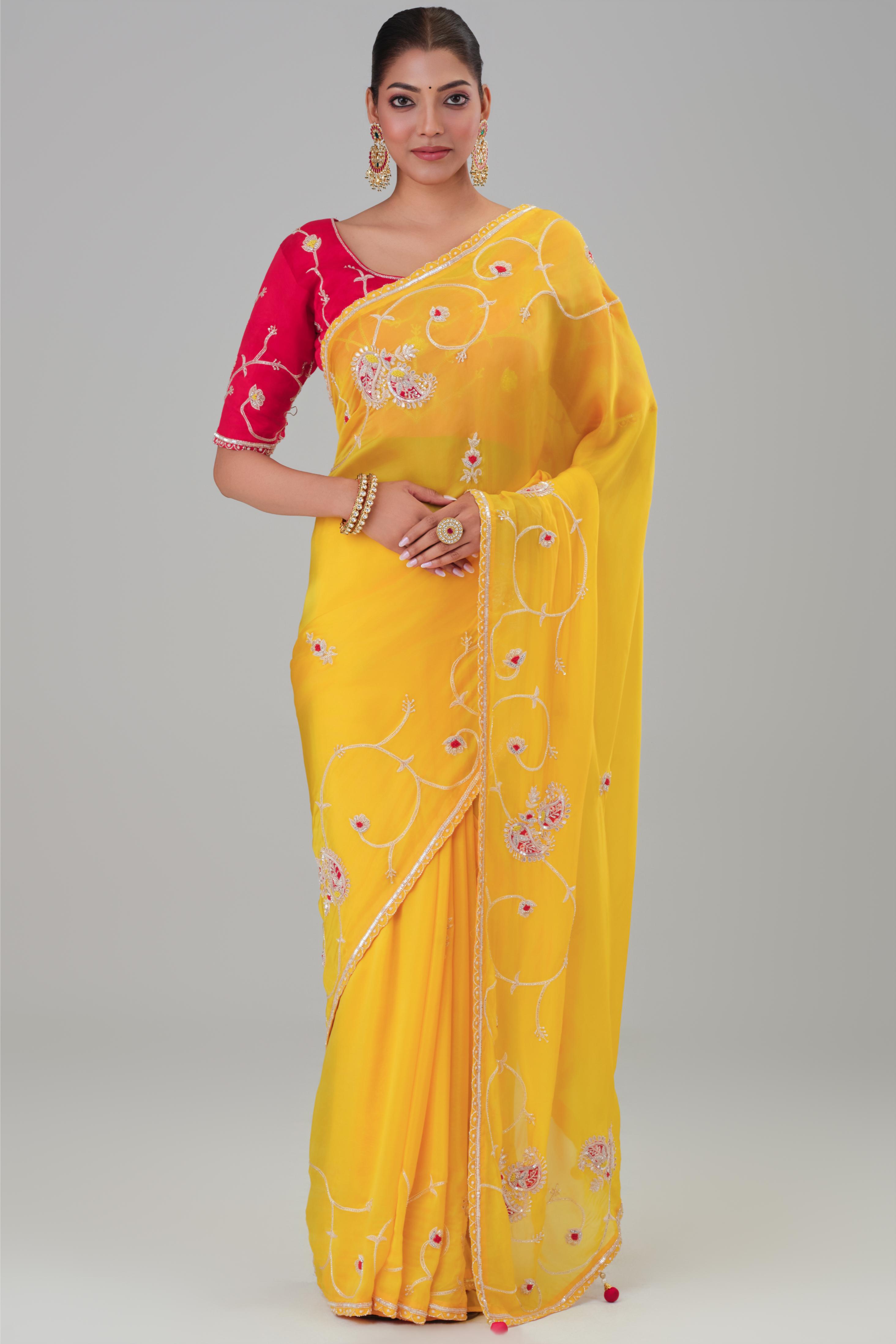 Yellow Embroidered Cosmo Silk Saree