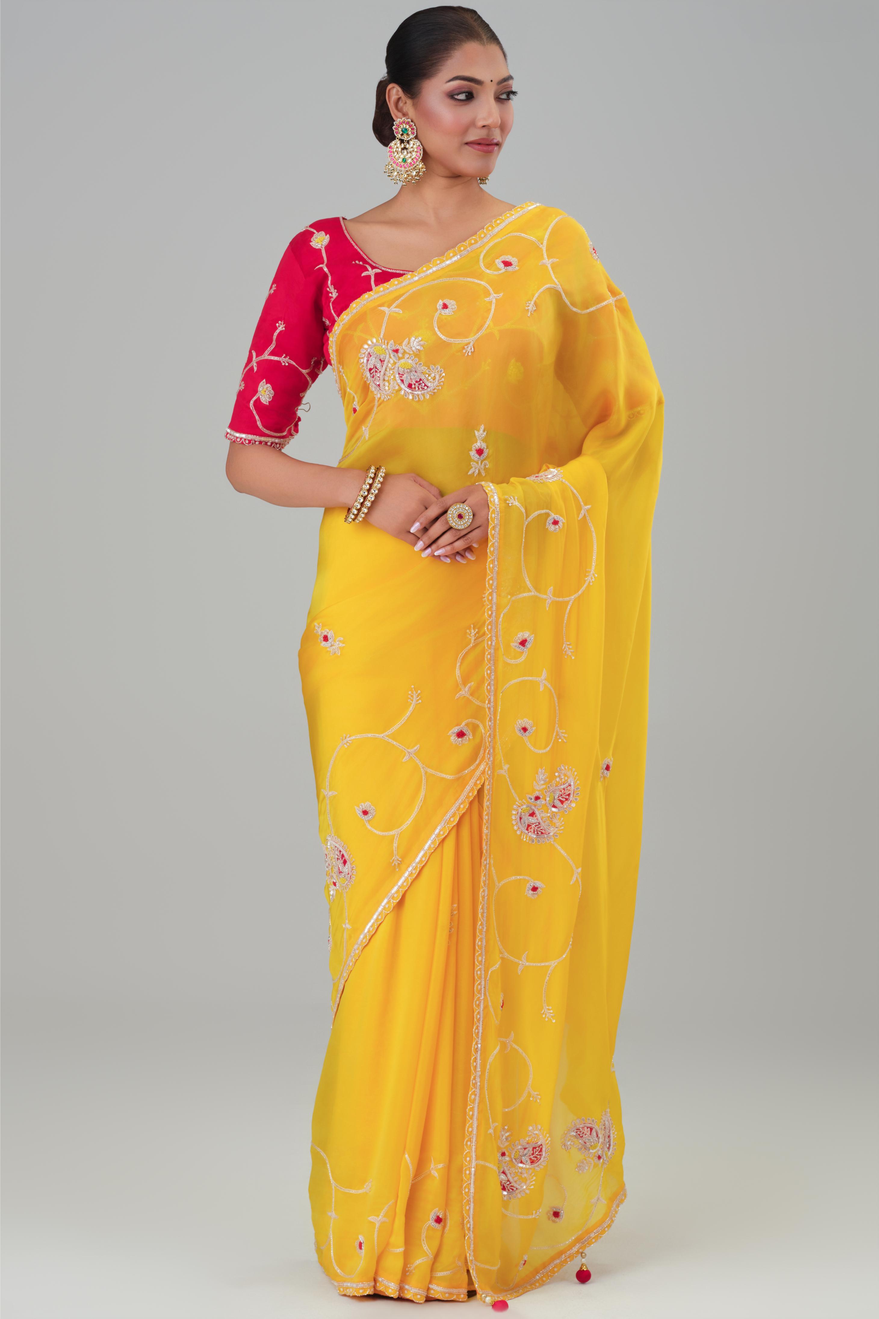 Yellow Embroidered Cosmo Silk Saree