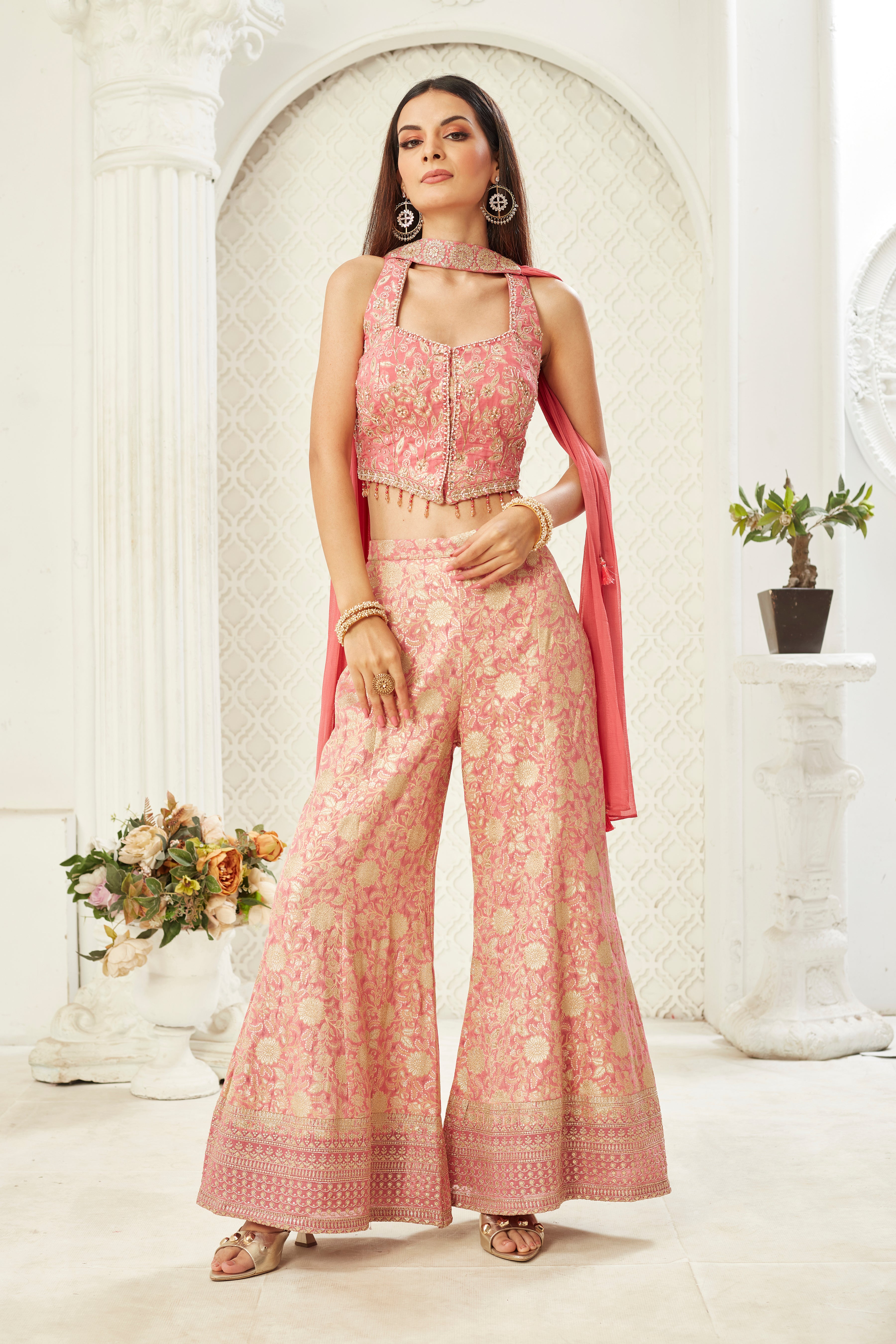 Pink Embellished Premium Silk Palazzo Set