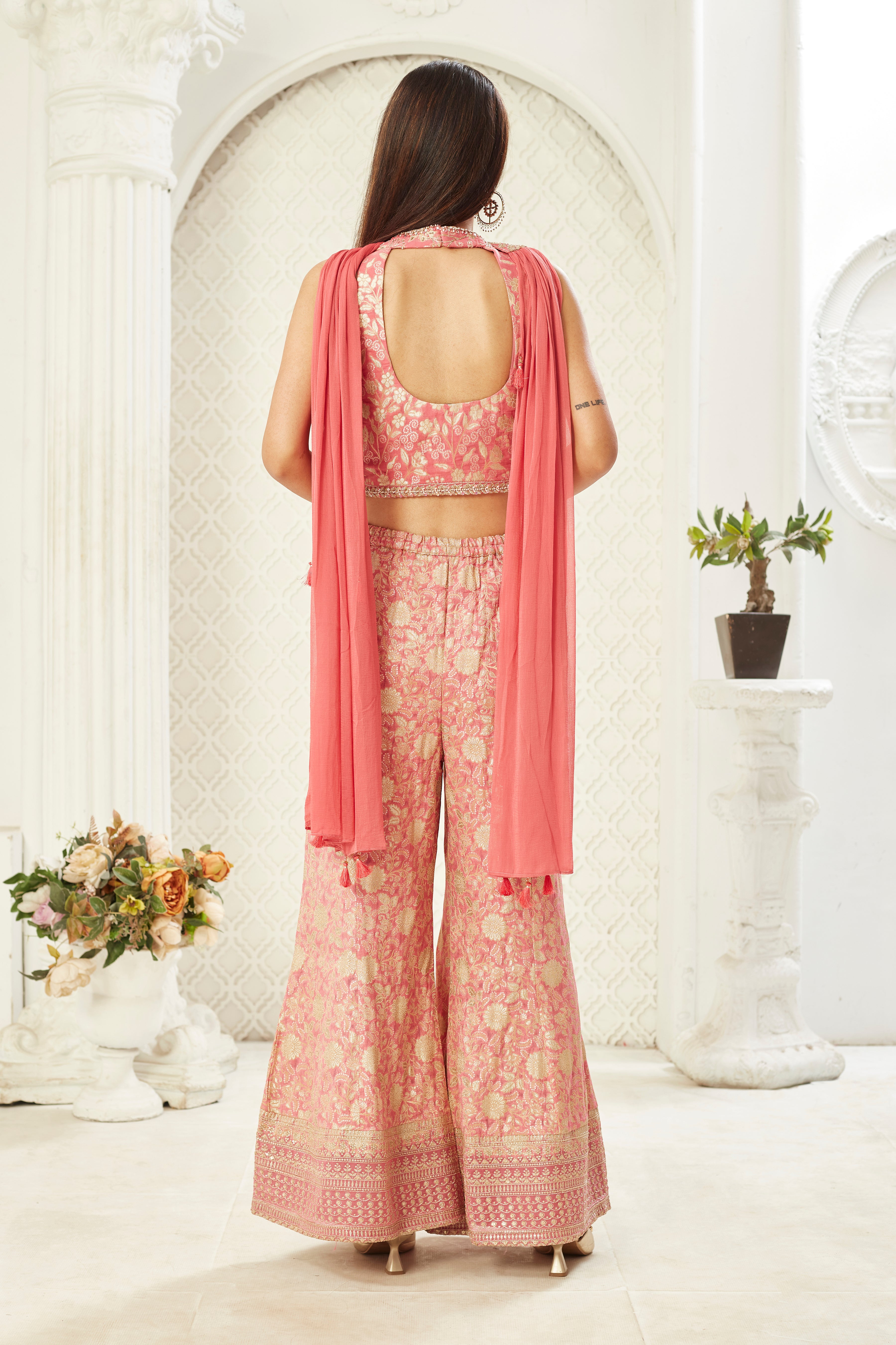 Pink Embellished Premium Silk Palazzo Set
