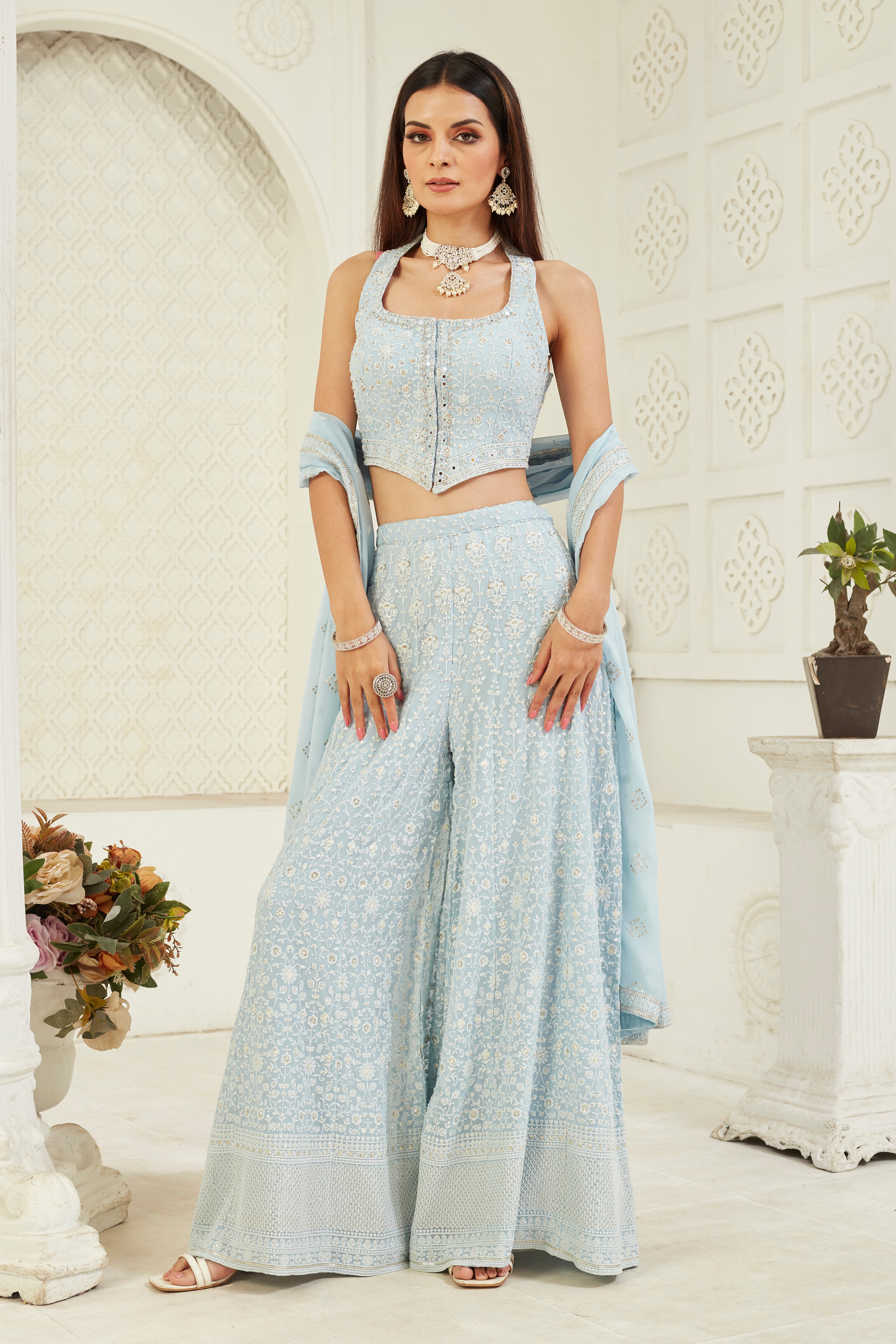Pastel Blue Hand Embroidered Georgette Silk Palazzo Set