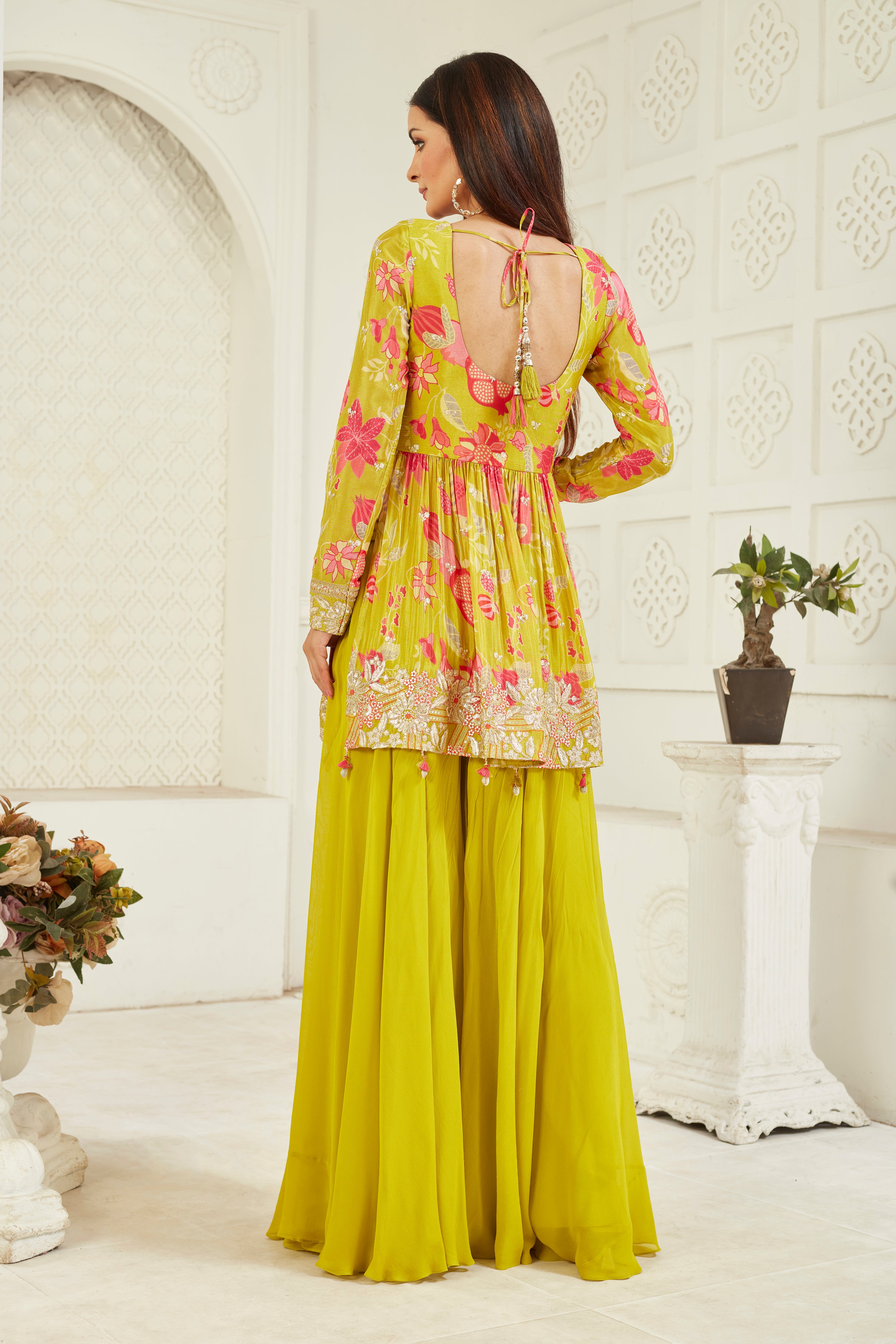 Green Floral Printed Italian Silk Palazzo Set