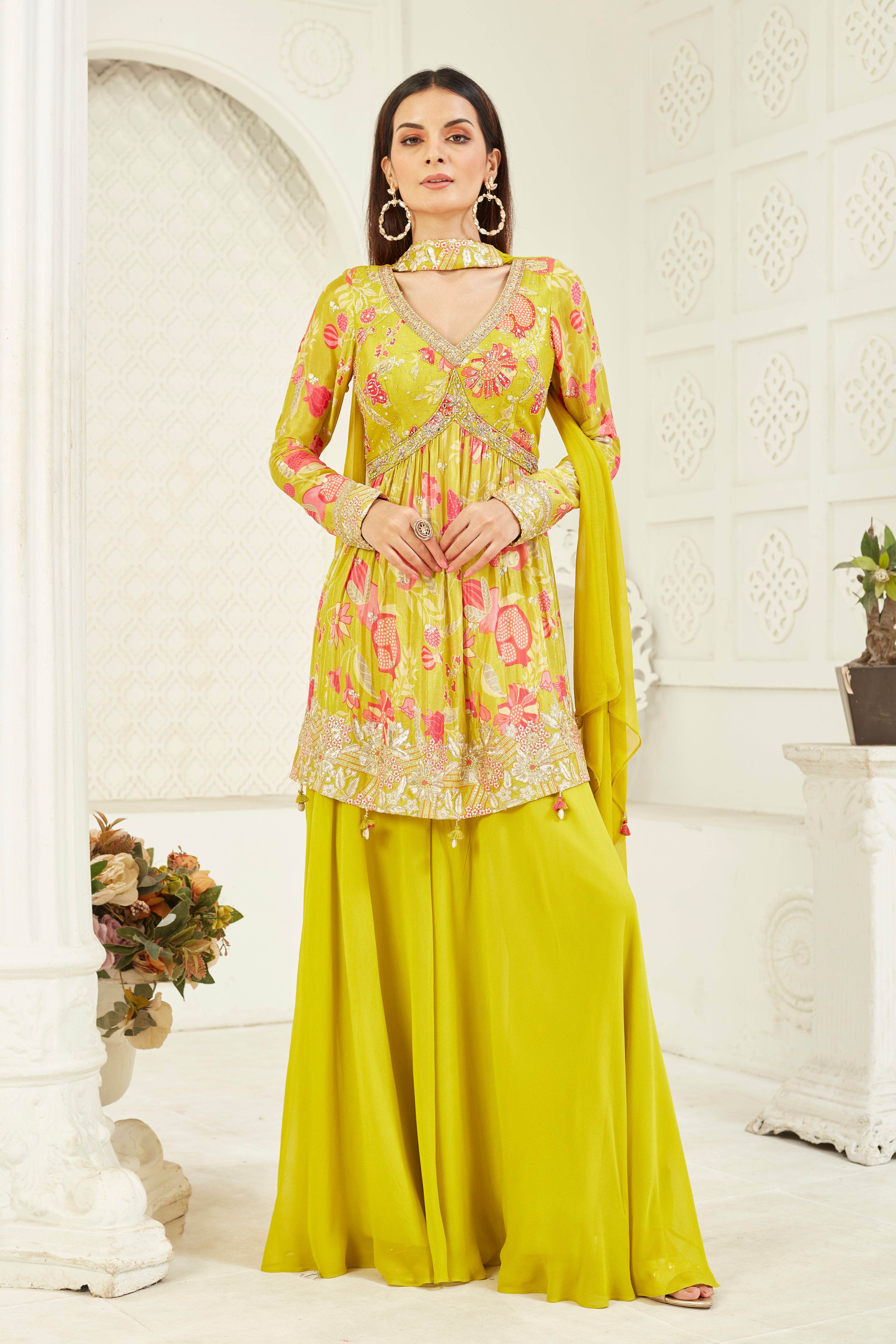 Green Floral Printed Italian Silk Palazzo Set