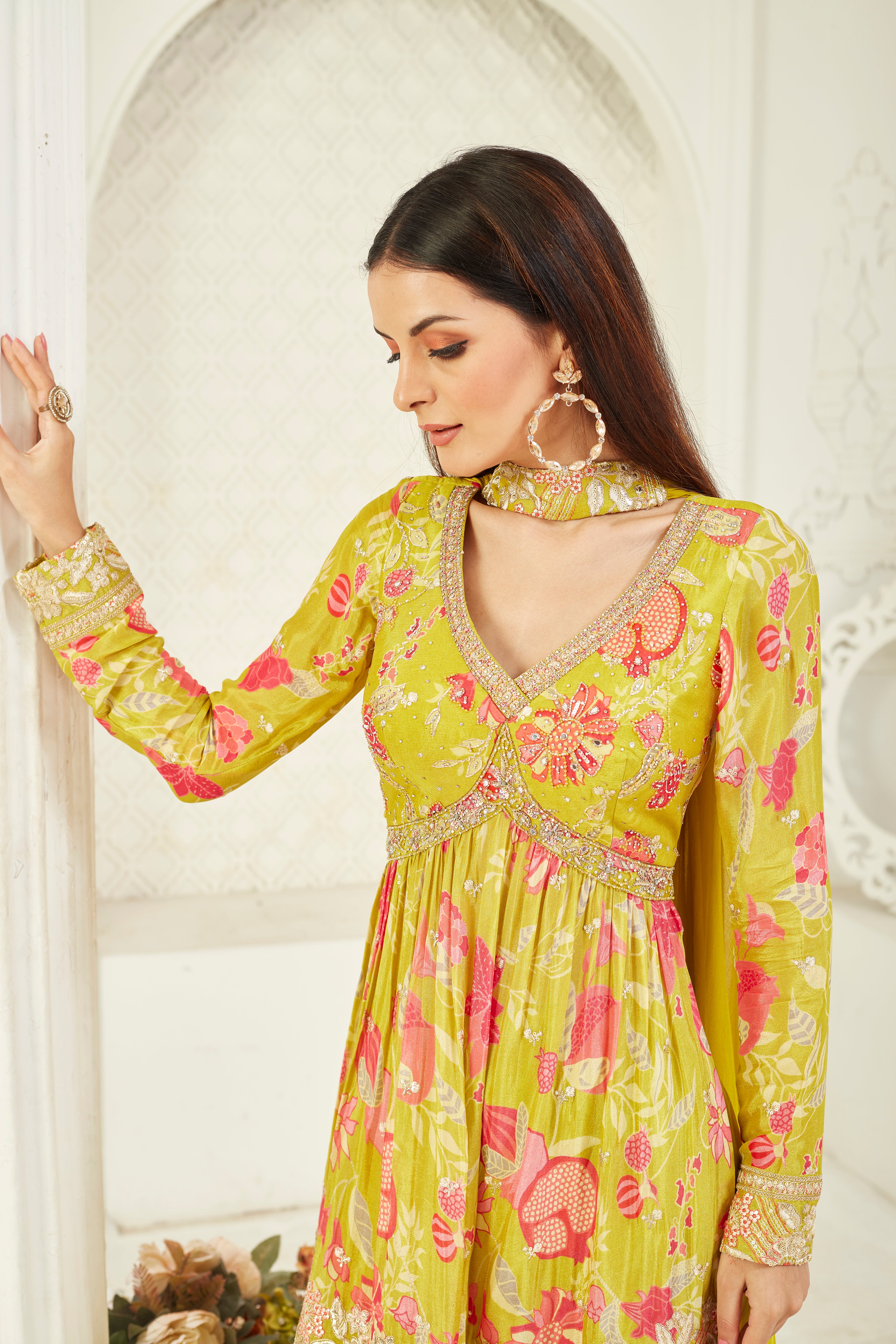 Green Floral Printed Italian Silk Palazzo Set