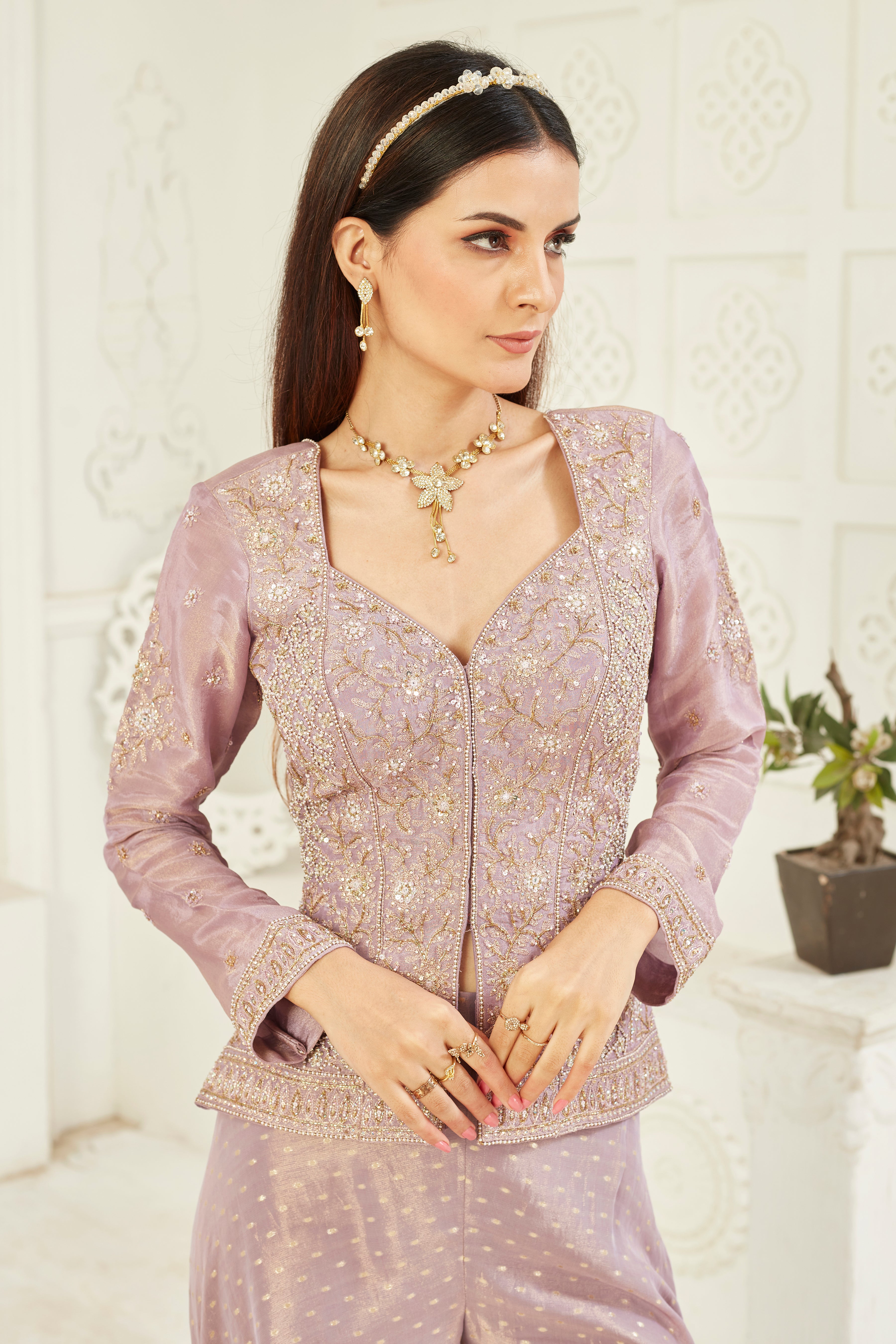 Mauve Embellished Italian Silk Palazzo Set