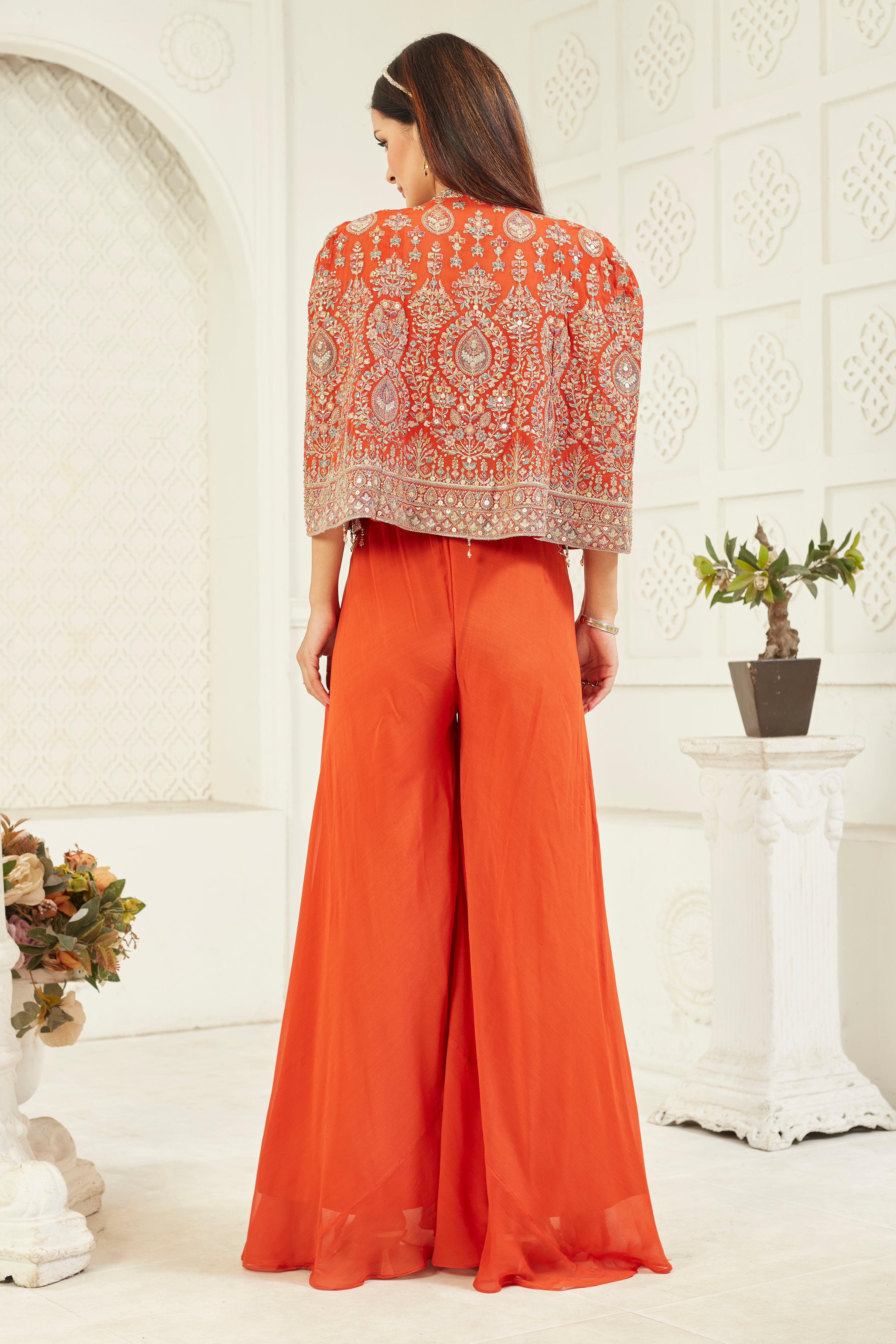 Orange Embellished Georgette Silk Cape Set