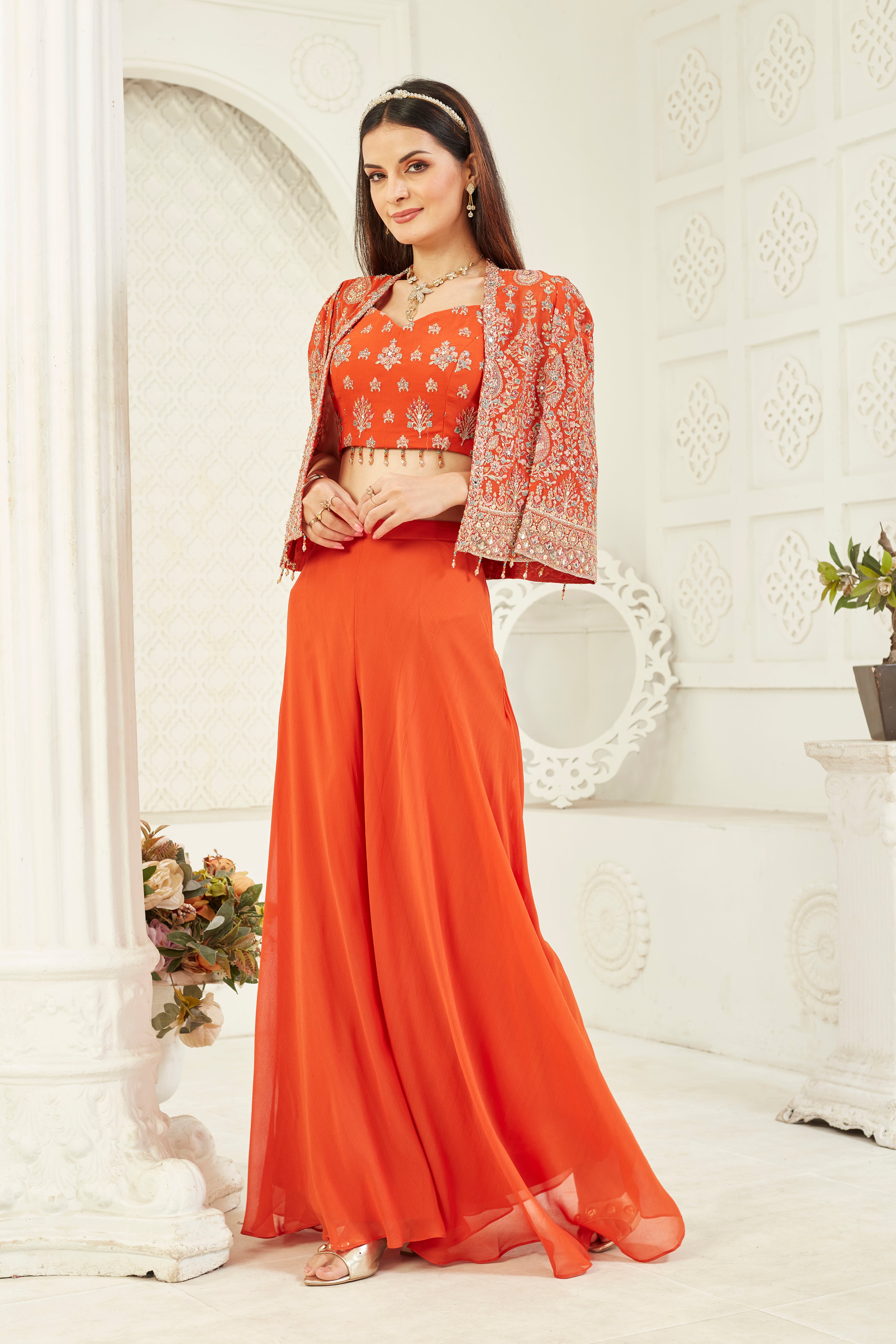 Orange Embellished Georgette Silk Cape Set
