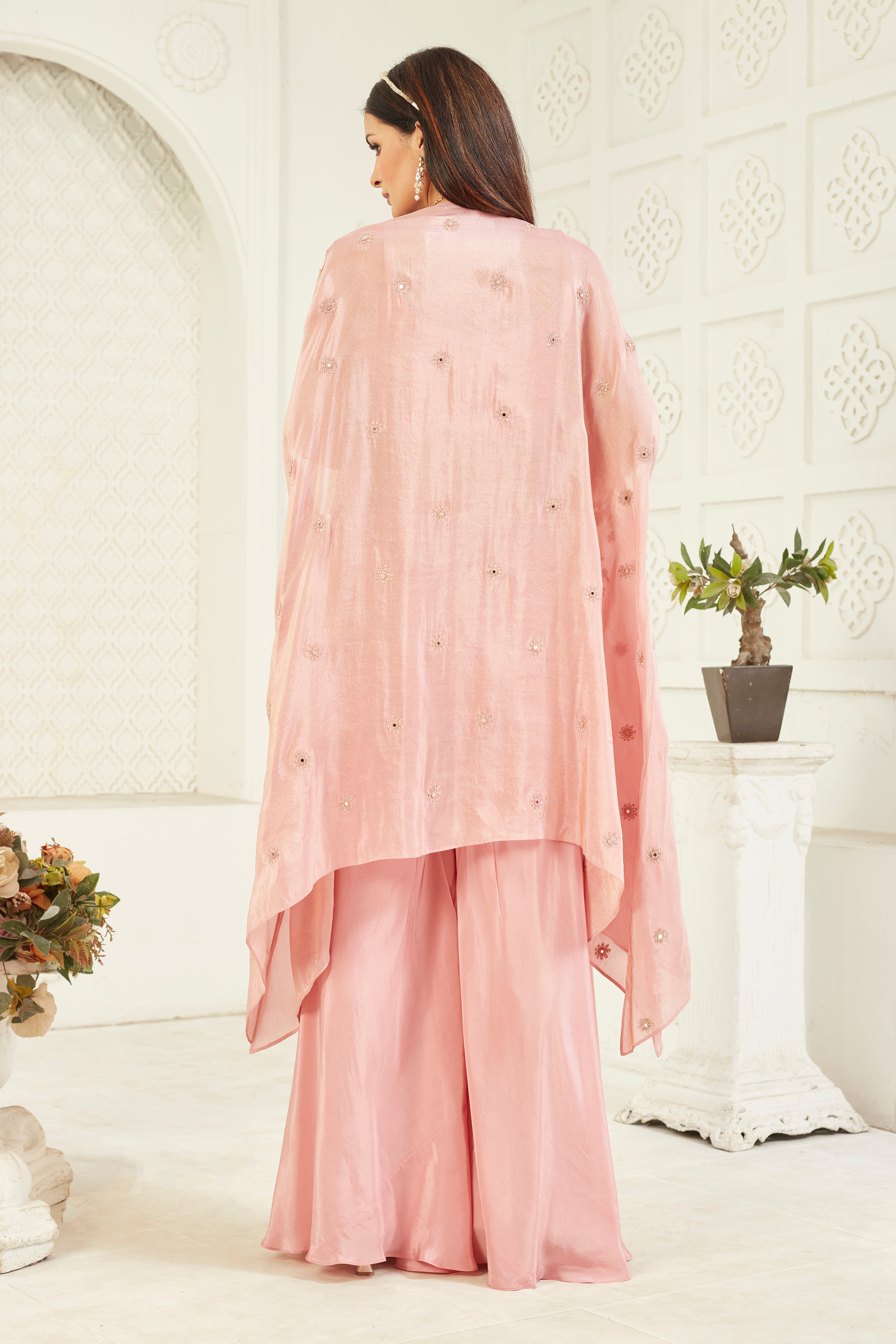 Pink Embellished Georgette Silk Cape Set