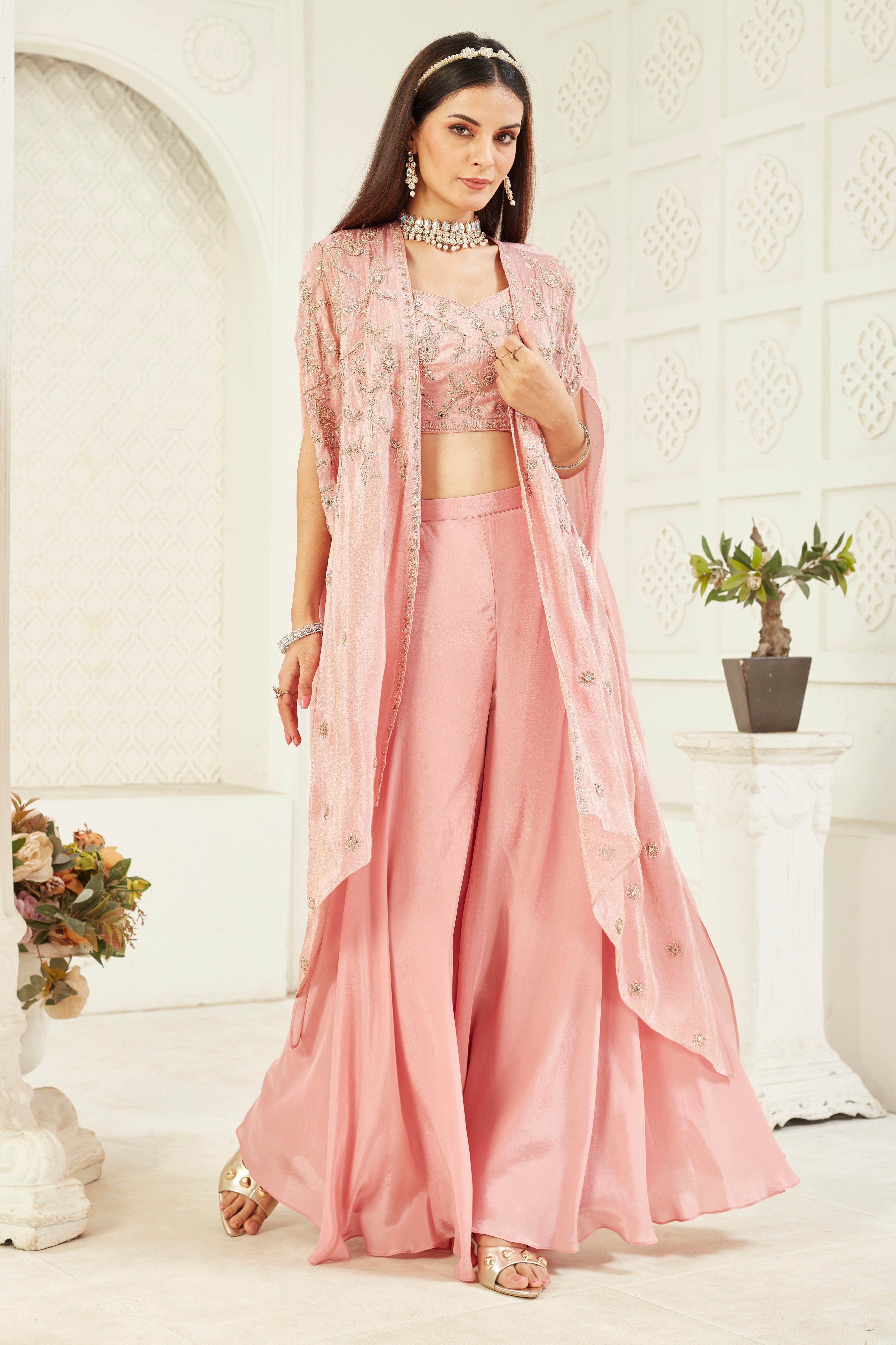 Pink Embellished Georgette Silk Cape Set