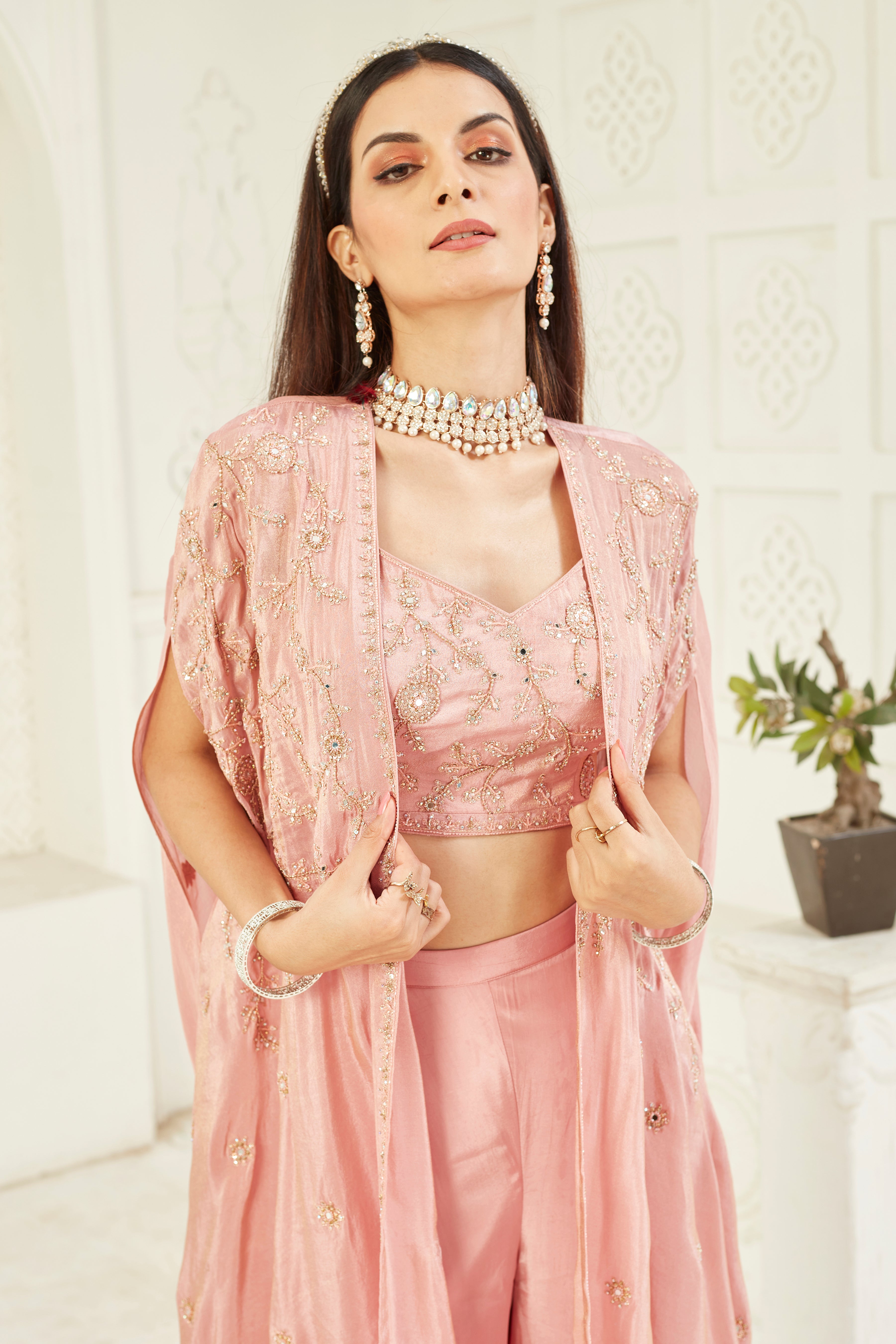 Pink Embellished Georgette Silk Cape Set