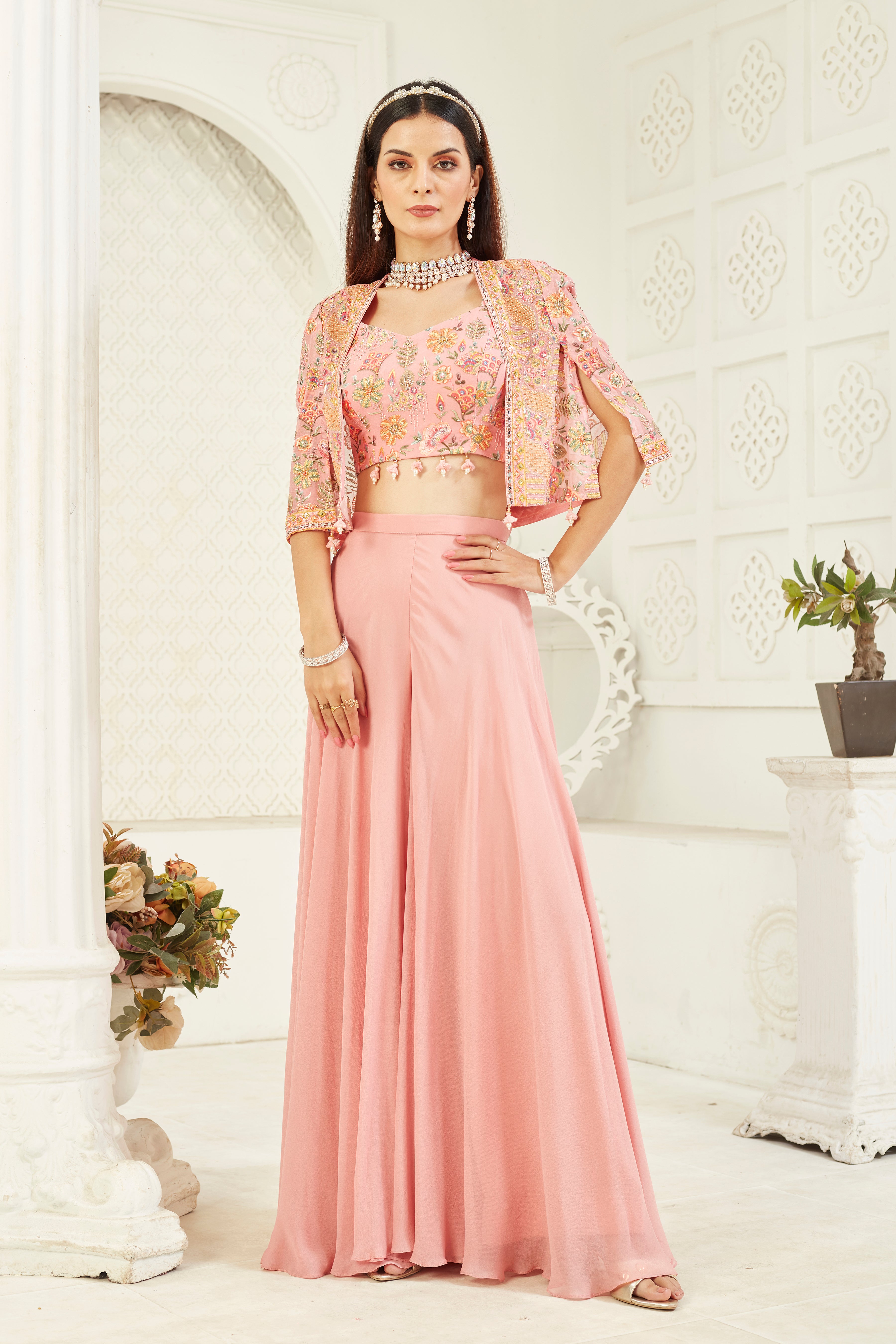 Floral Pink Embellished Georgette Silk Cape Set